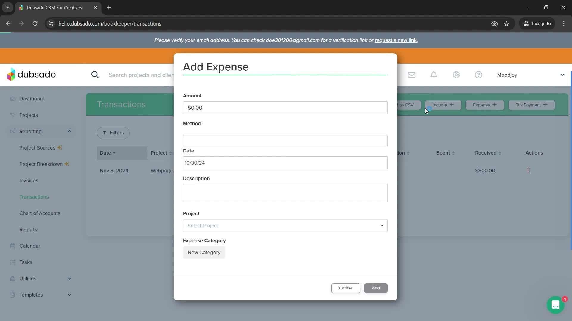 Adding expenses screenshot