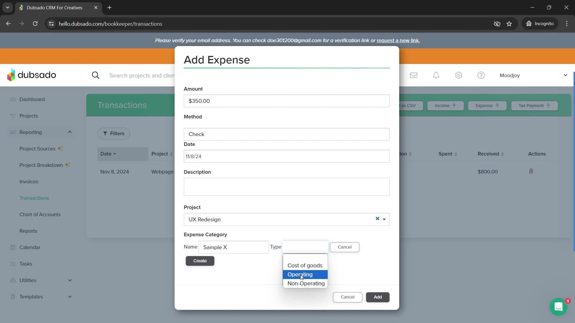 Adding expenses screenshot