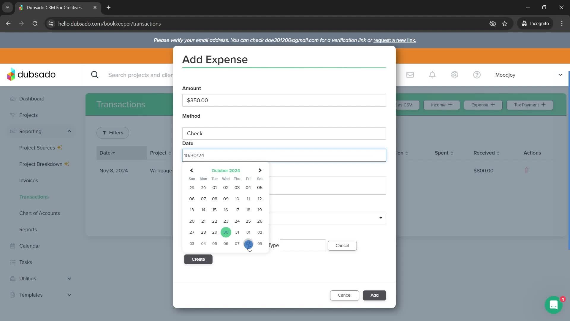 Adding expenses screenshot