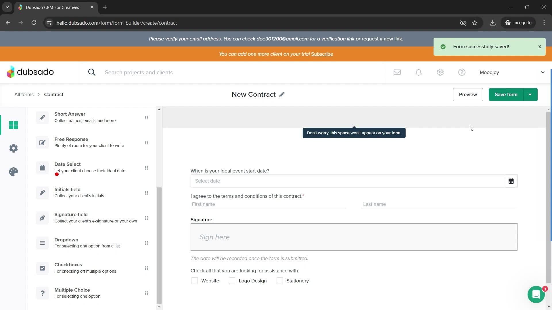 Creating a form screenshot