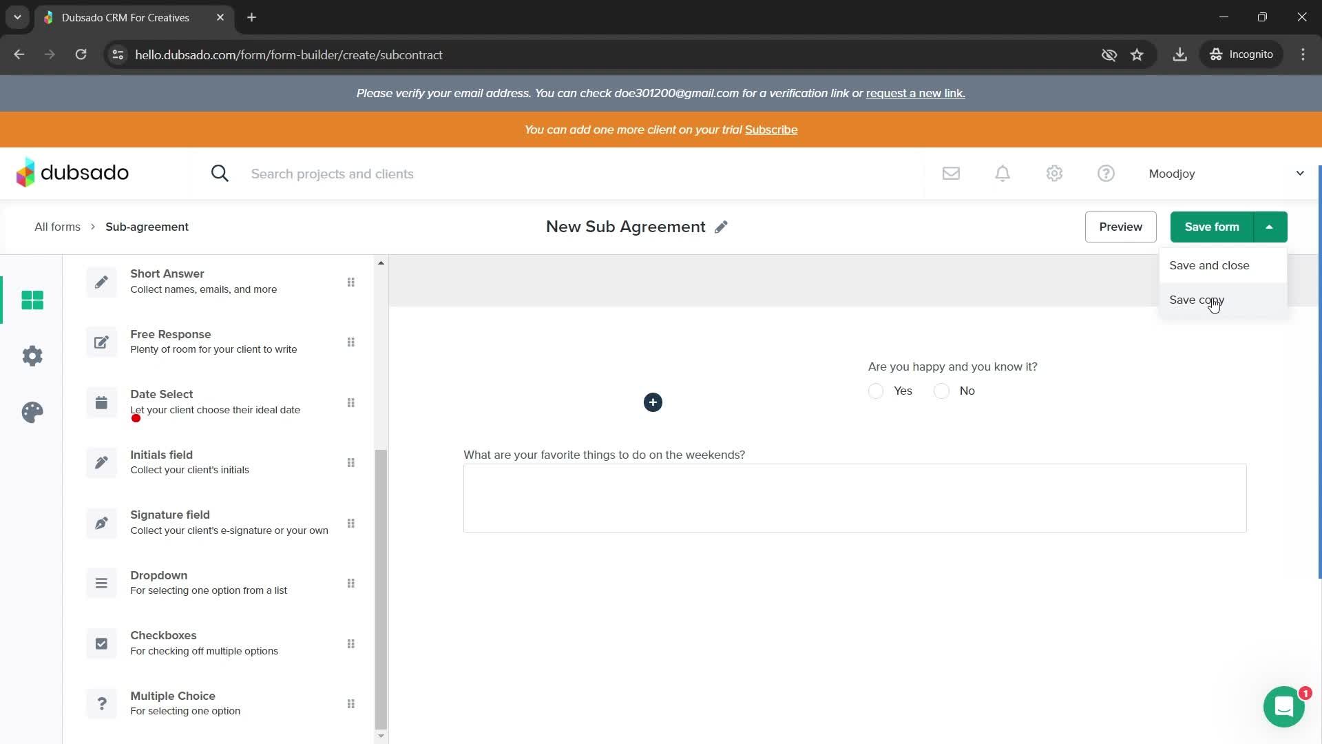 Creating a form screenshot