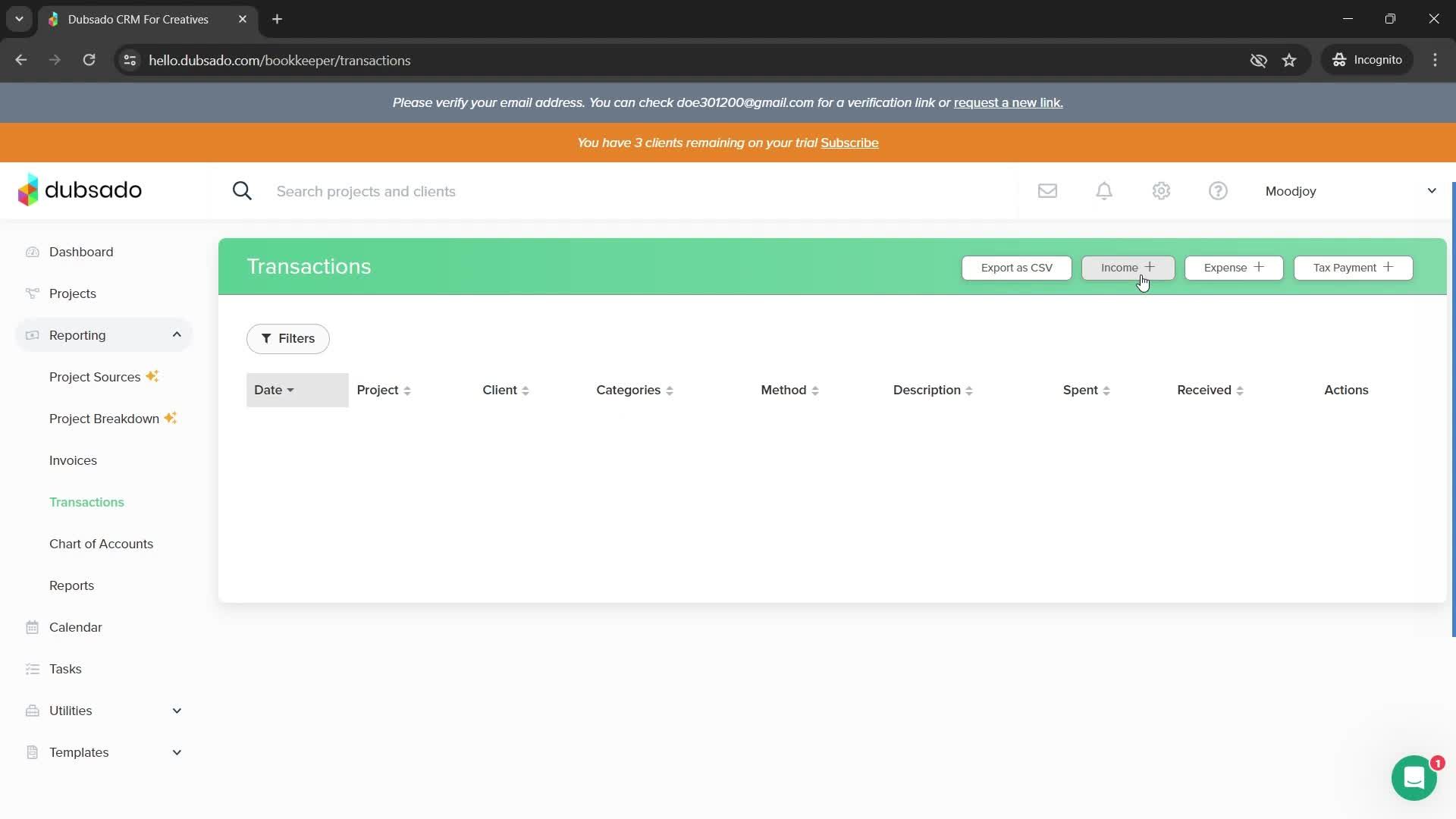 Adding income screenshot