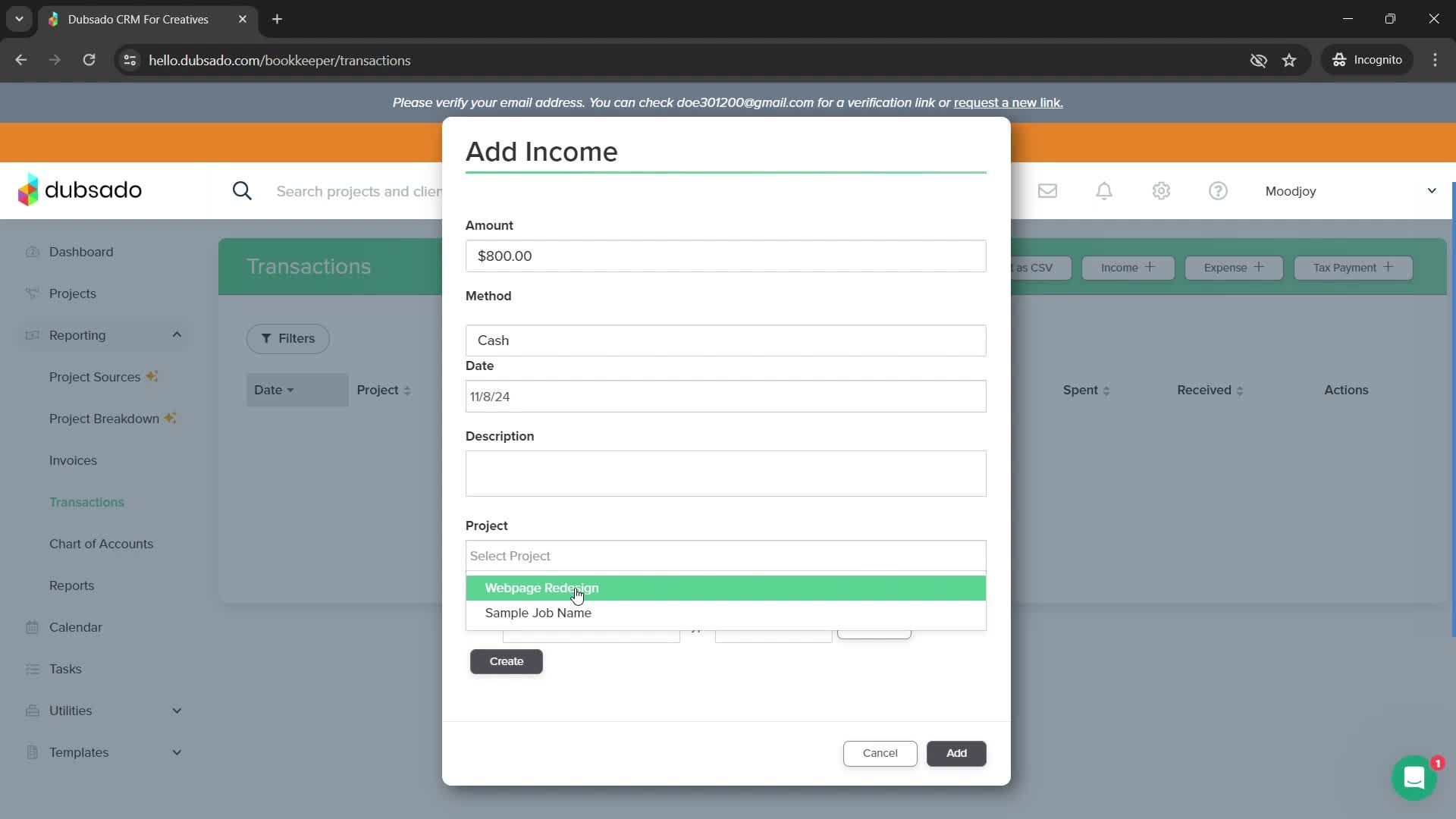 Adding income screenshot