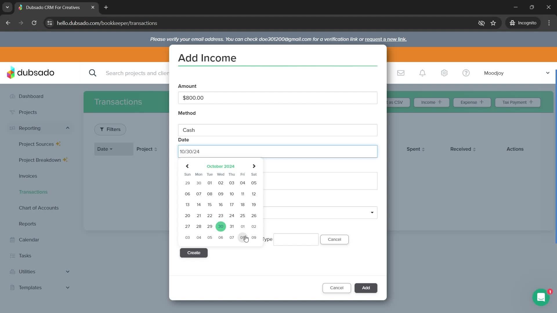Adding income screenshot