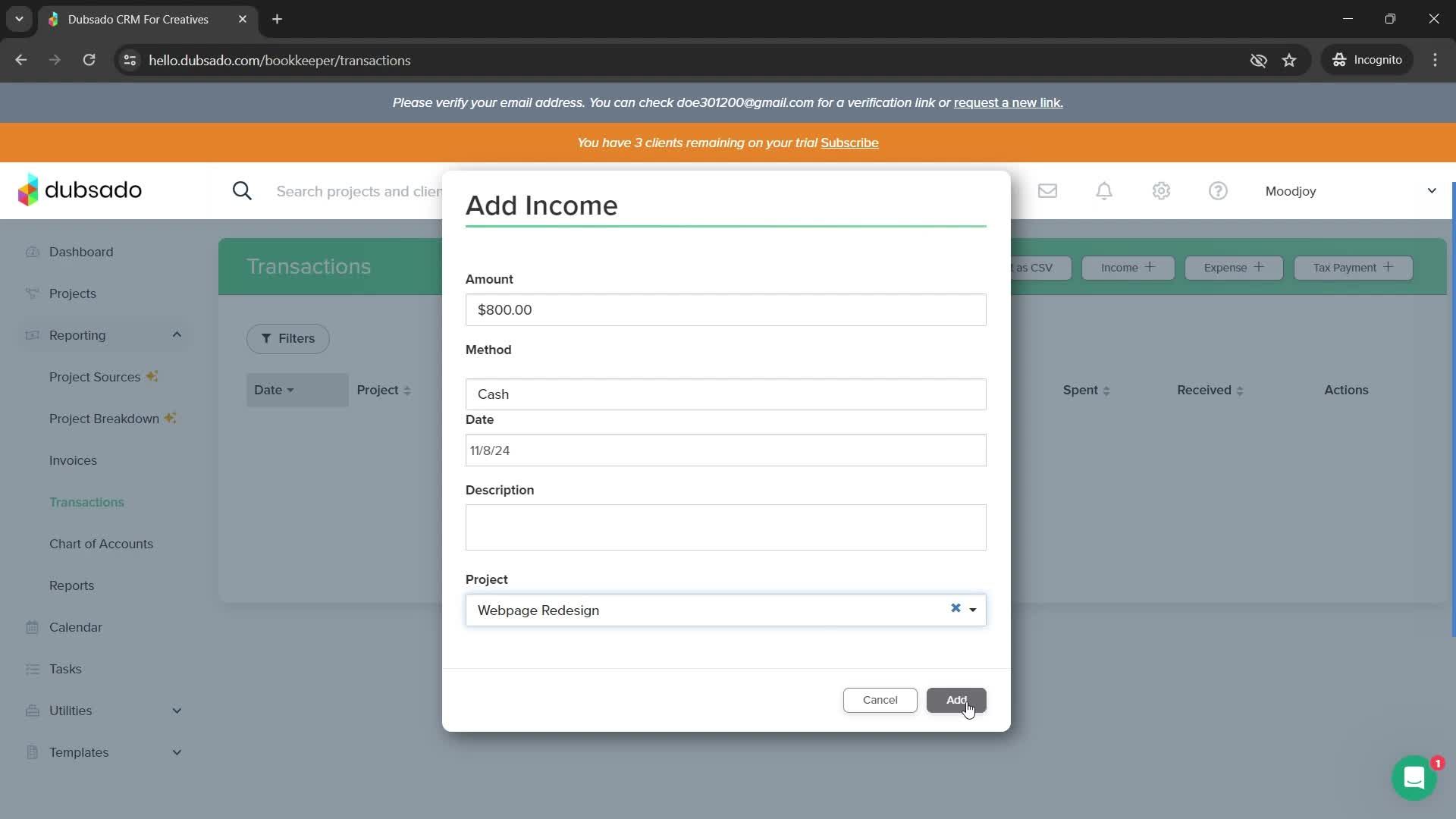 Adding income screenshot