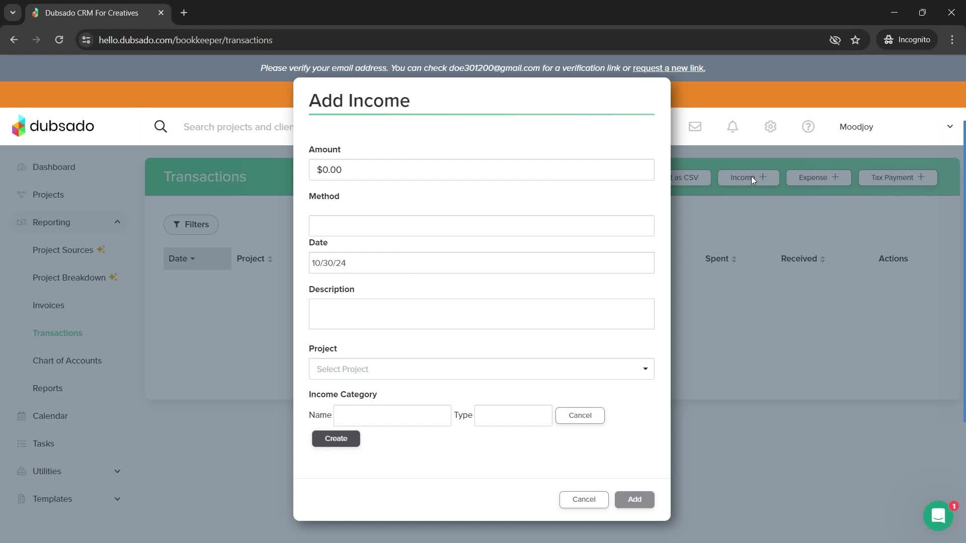 Adding income screenshot