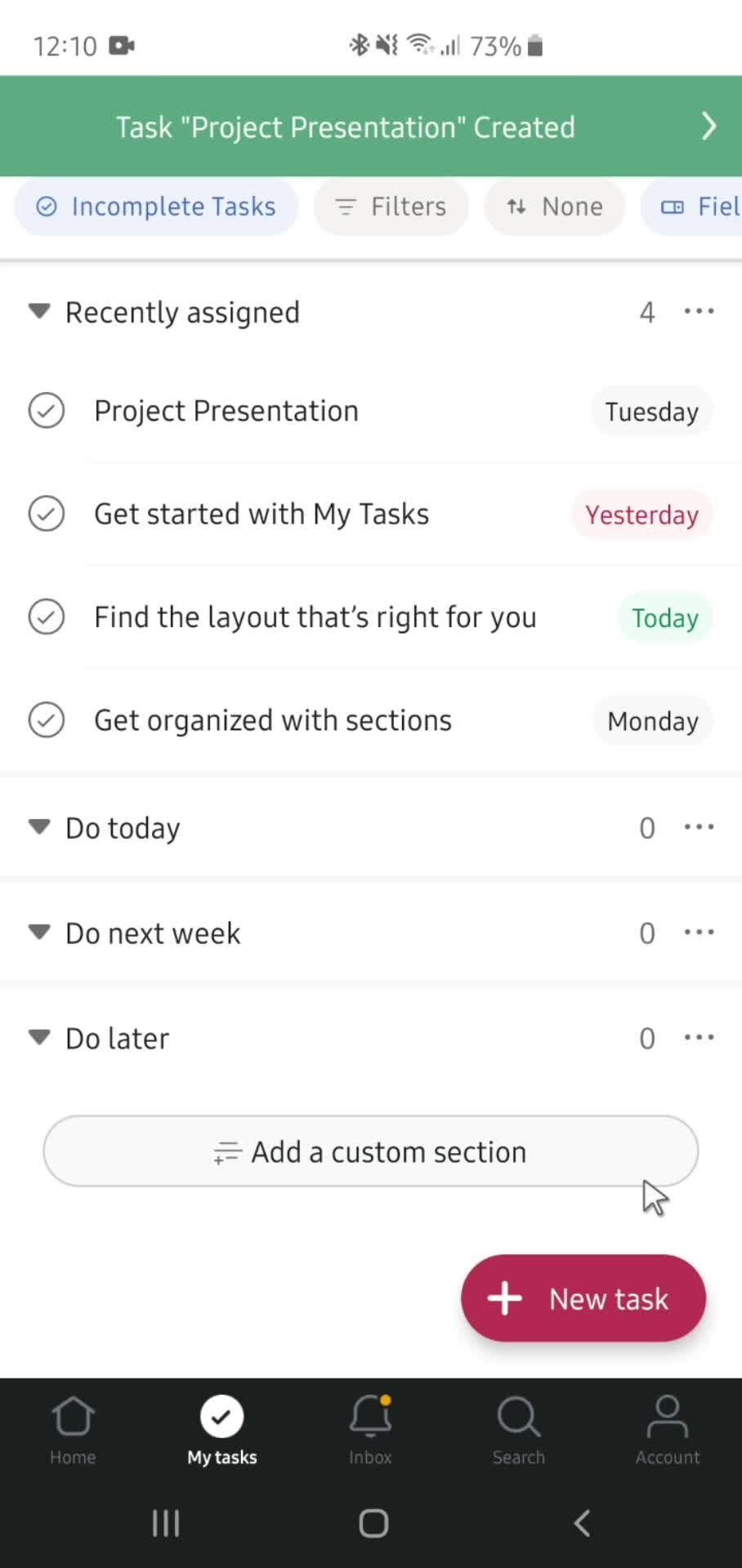 Creating a task screenshot