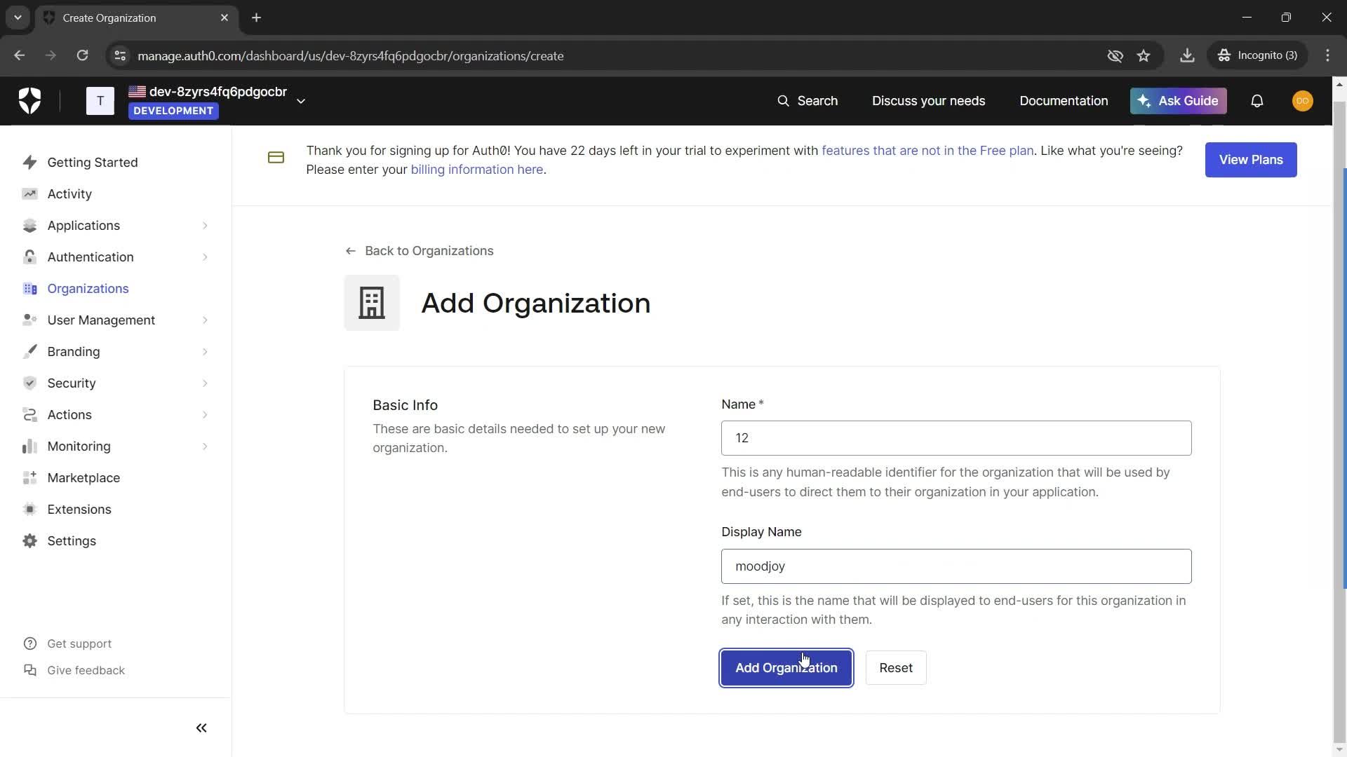 Adding a new organization screenshot