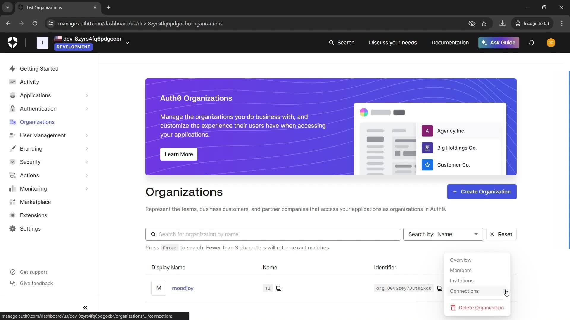 Adding a new organization screenshot