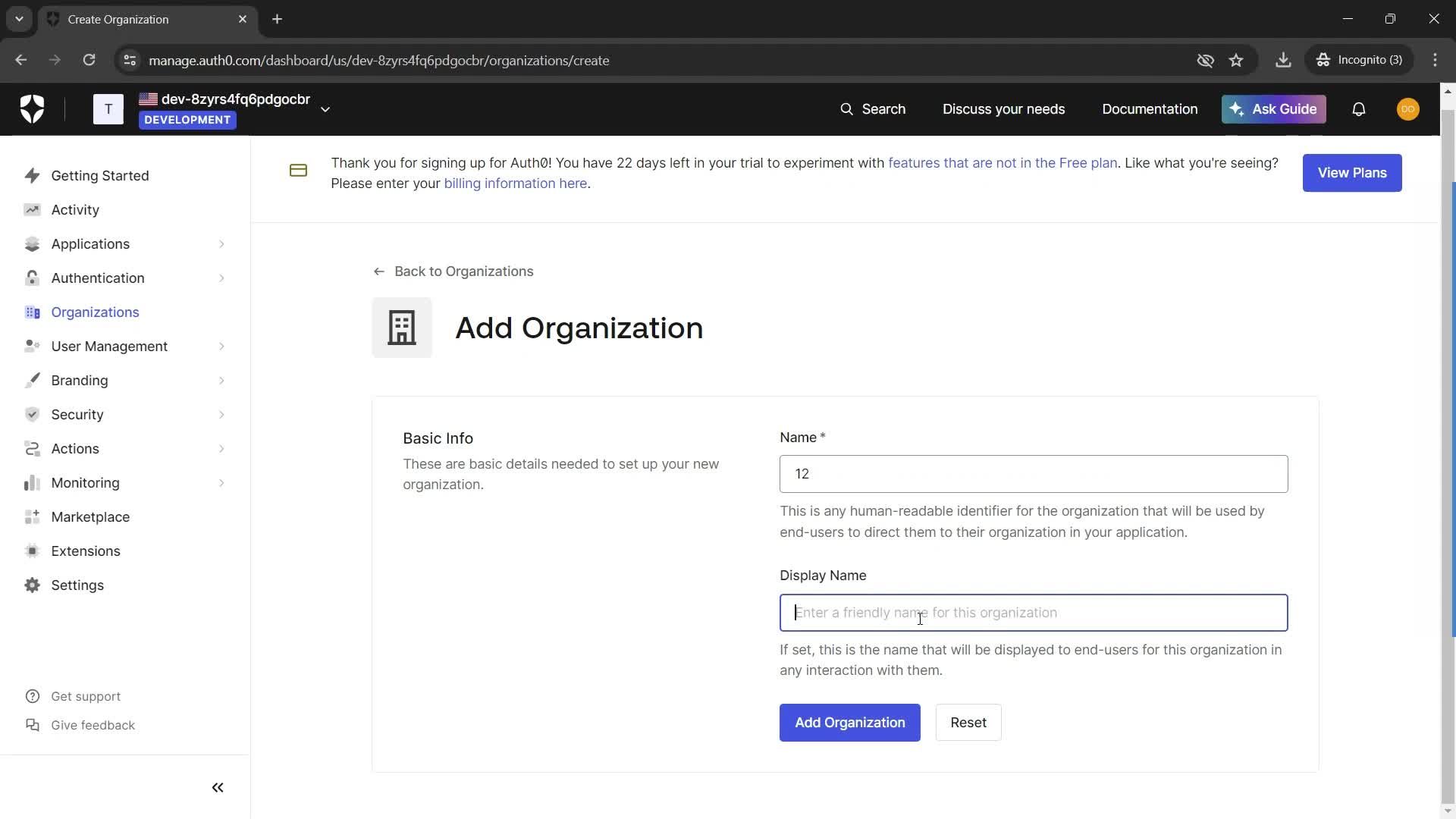 Adding a new organization screenshot
