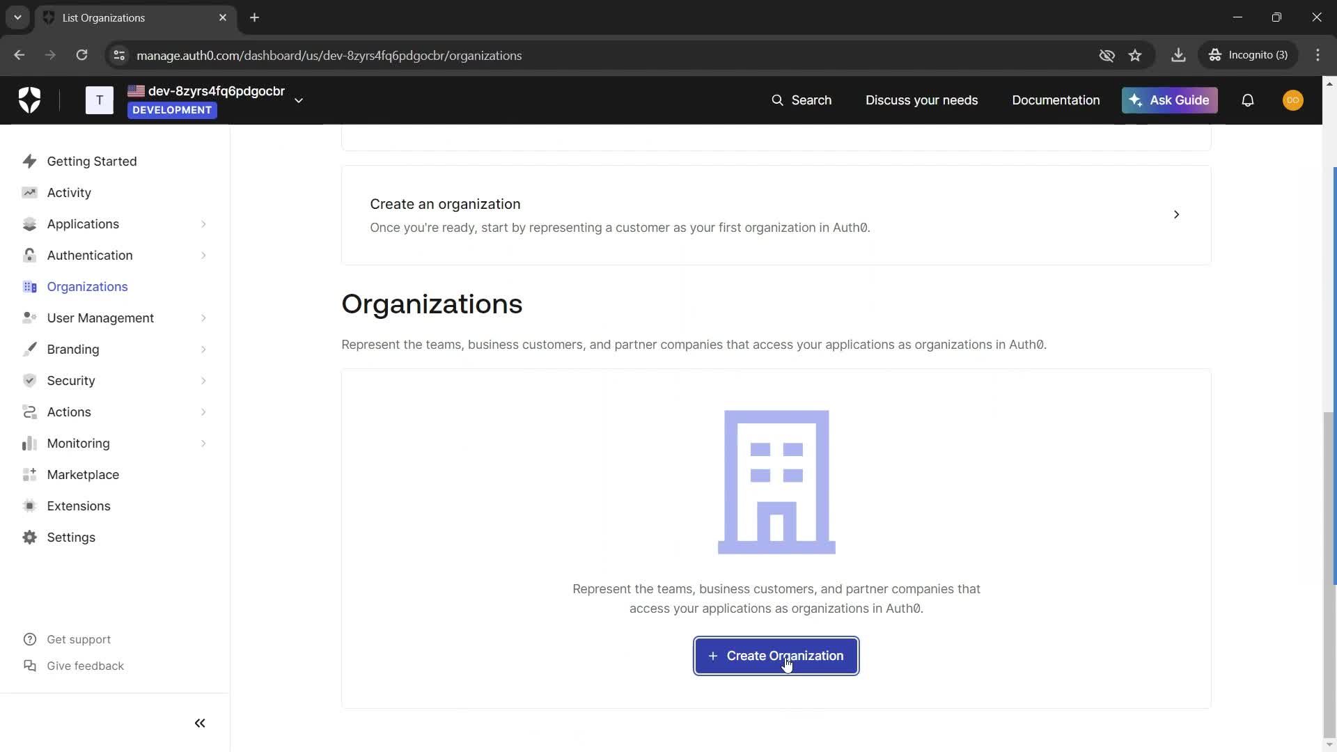 Adding a new organization screenshot