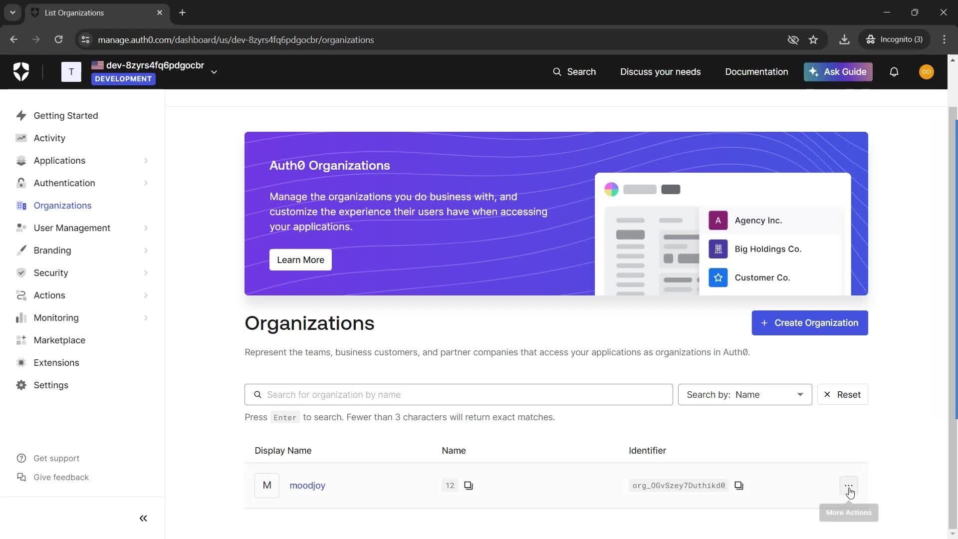 Adding a new organization screenshot