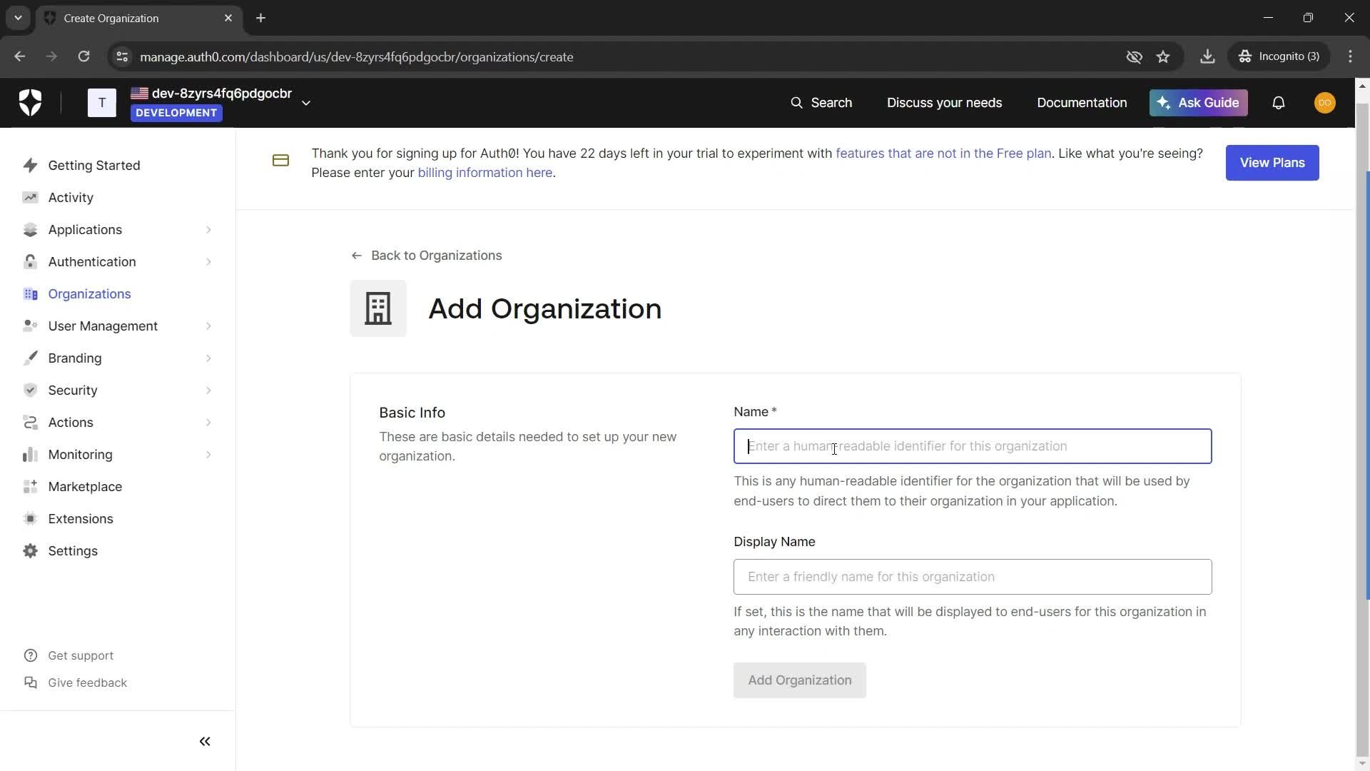 Adding a new organization screenshot