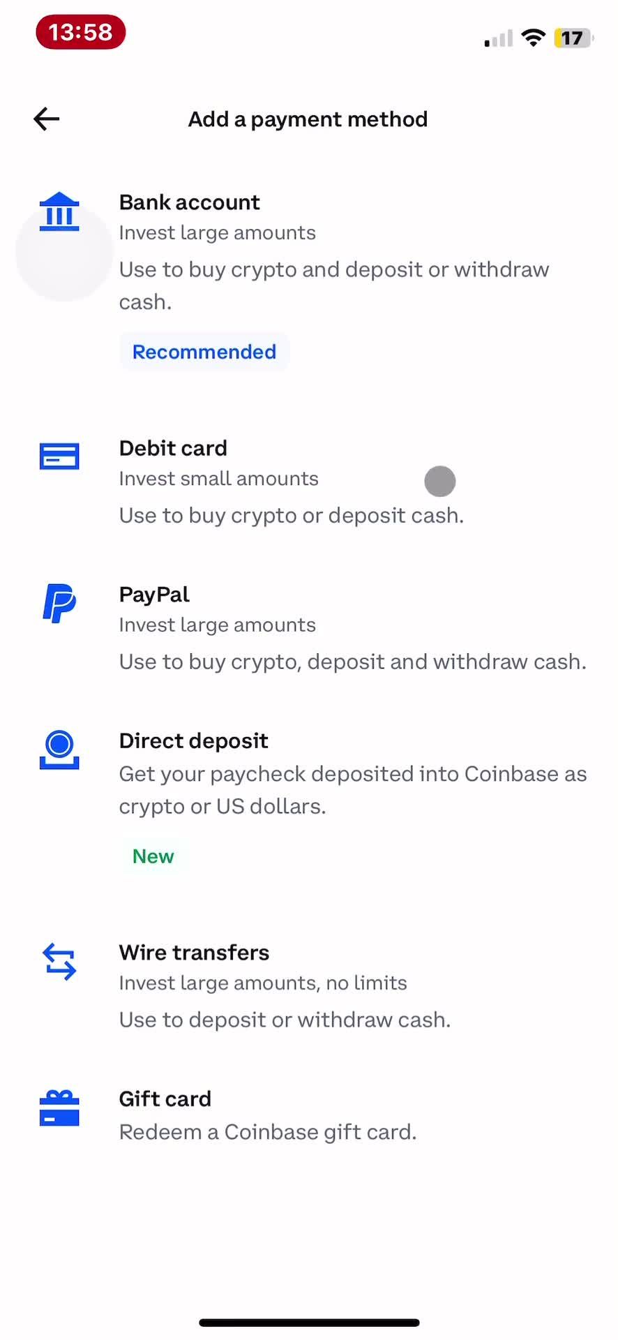 Adding a payment method screenshot