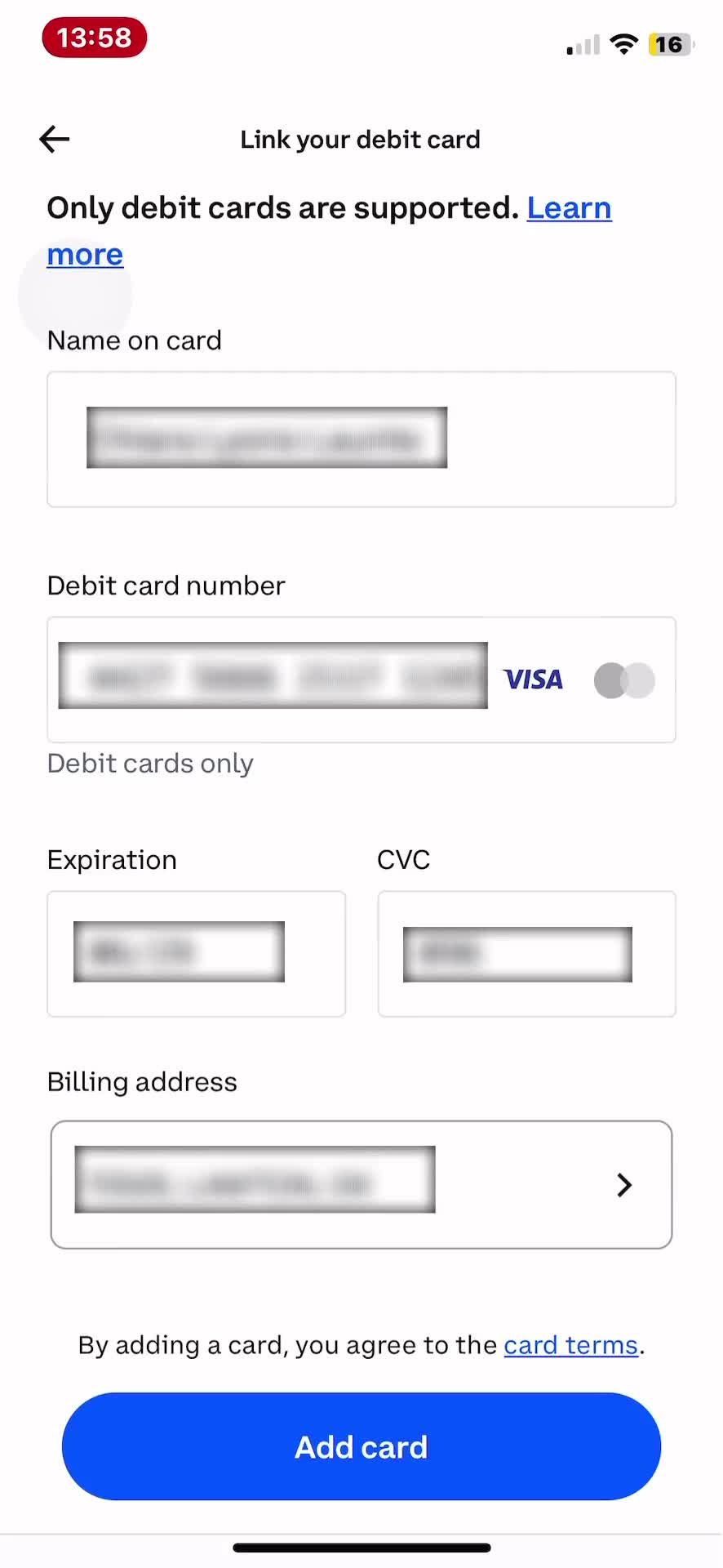 Adding a payment method screenshot