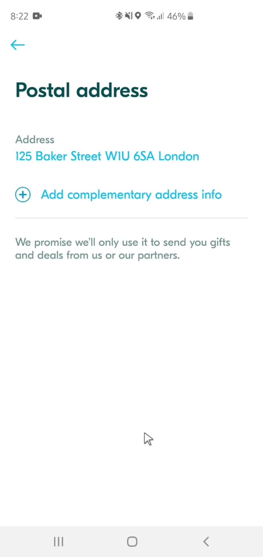 Adding postal address screenshot