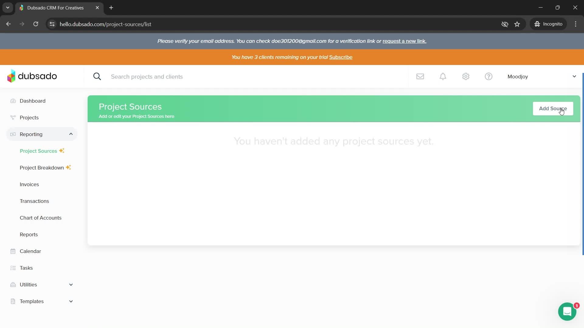 Adding a project source screenshot