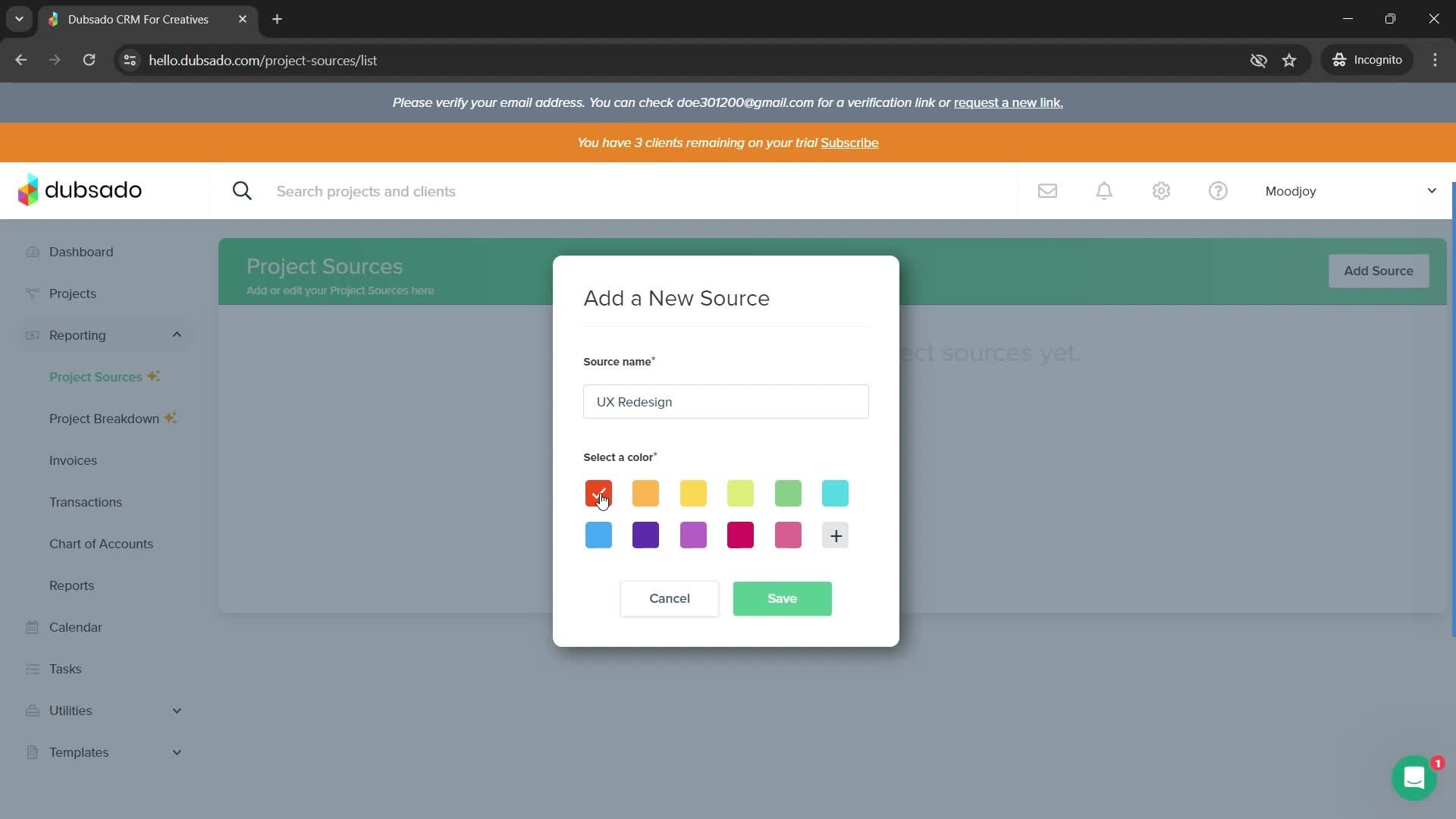 Adding a project source screenshot
