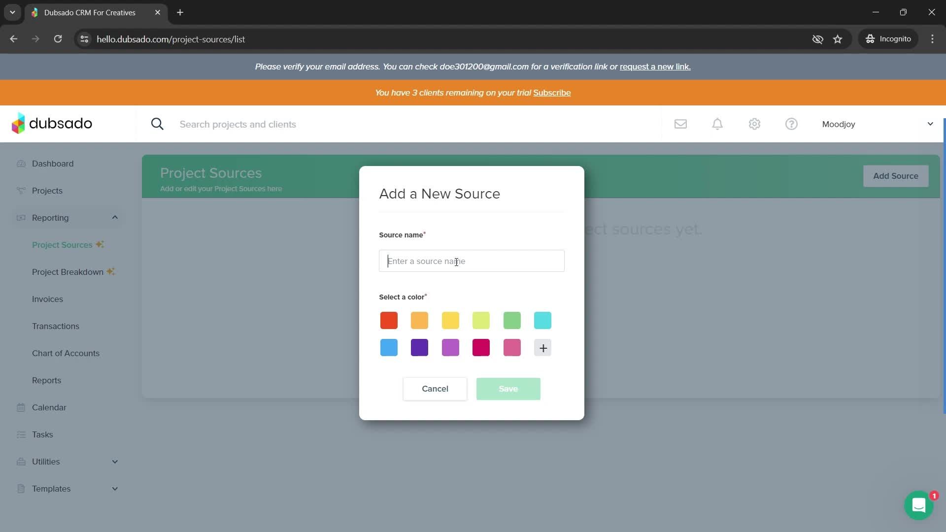 Adding a project source screenshot