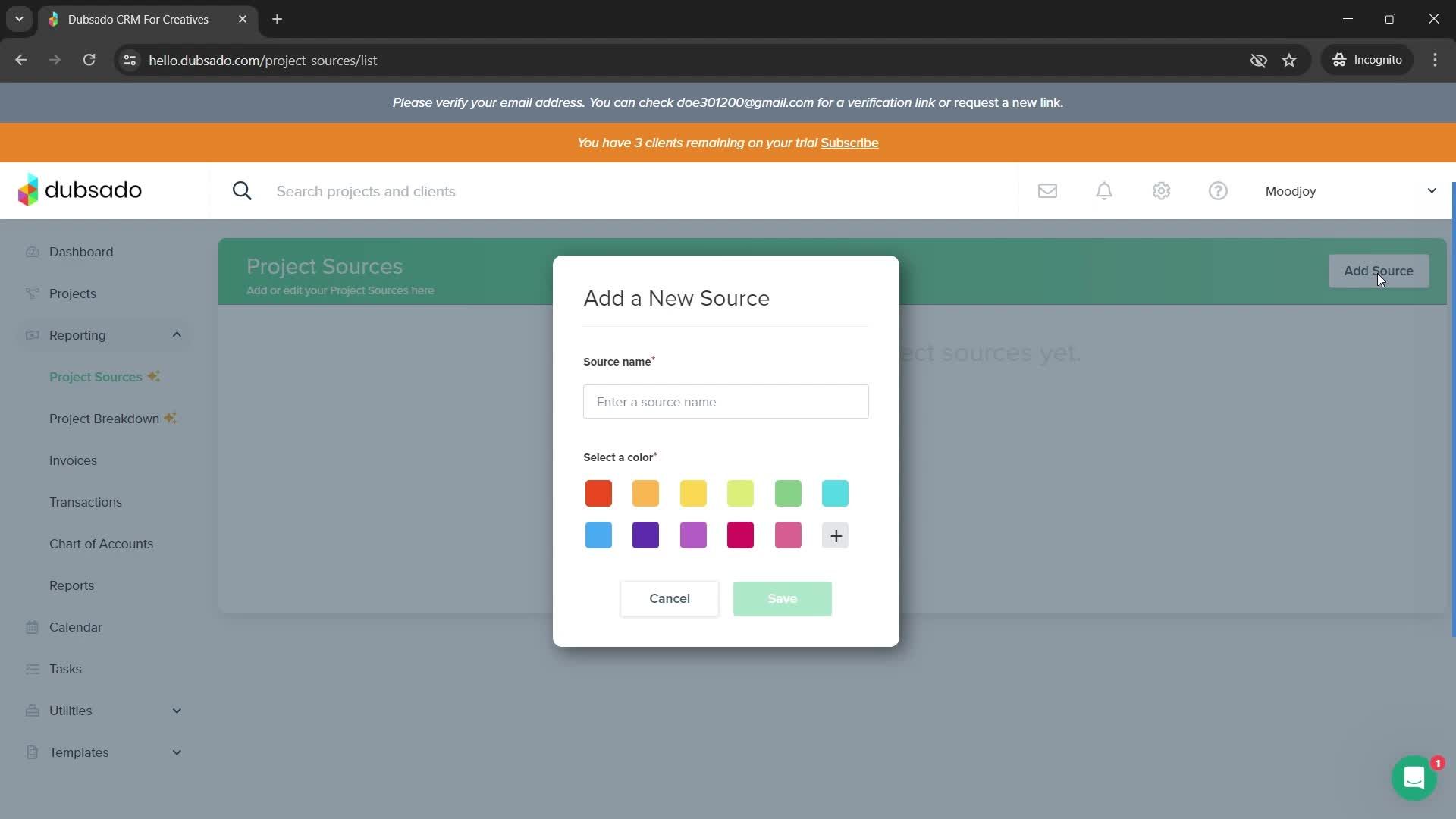 Adding a project source screenshot