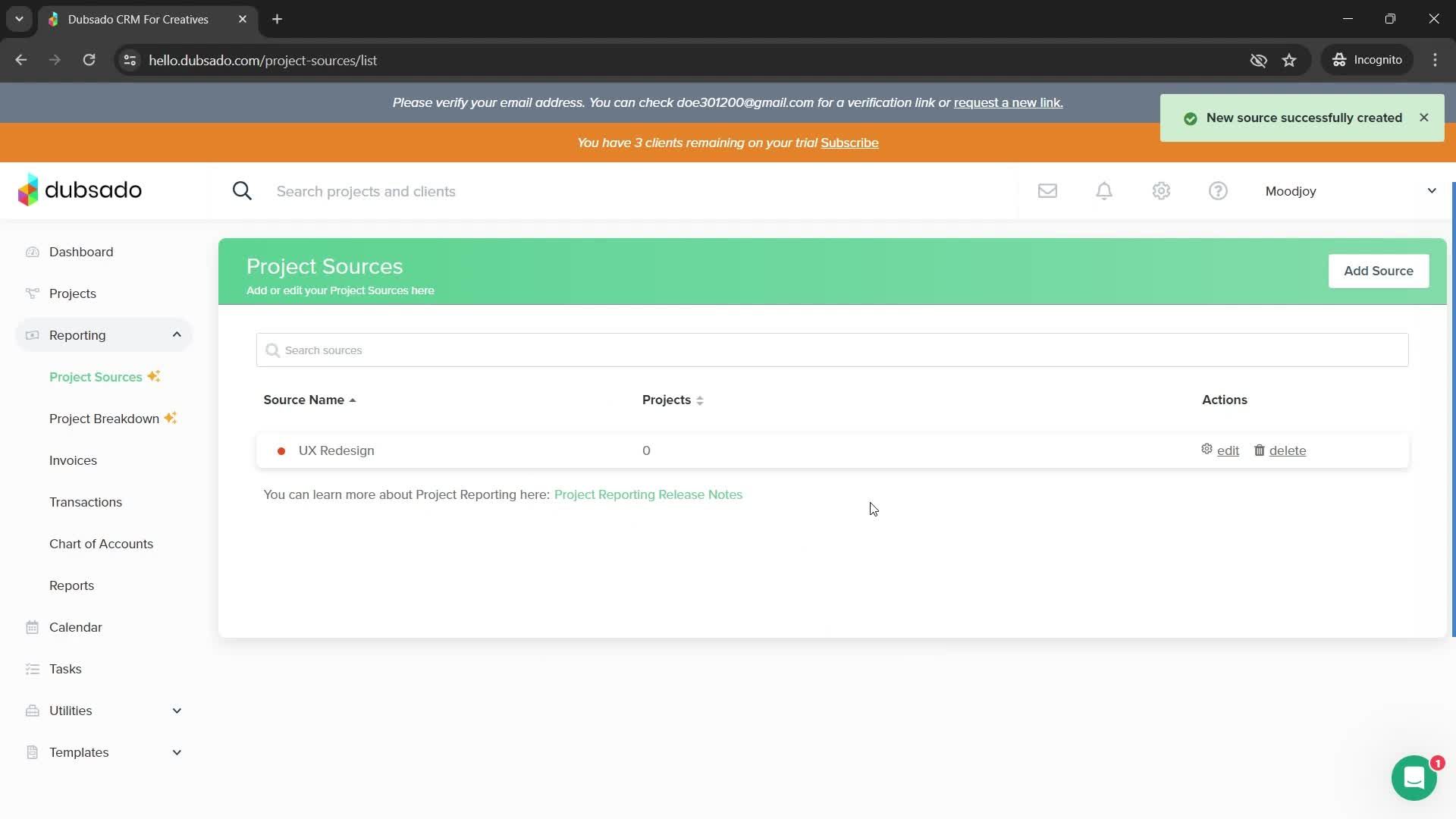 Adding a project source screenshot