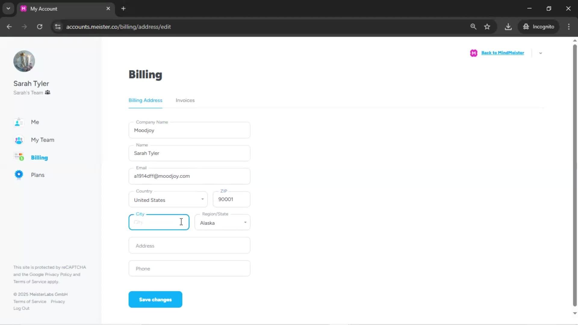Adding billing address screenshot