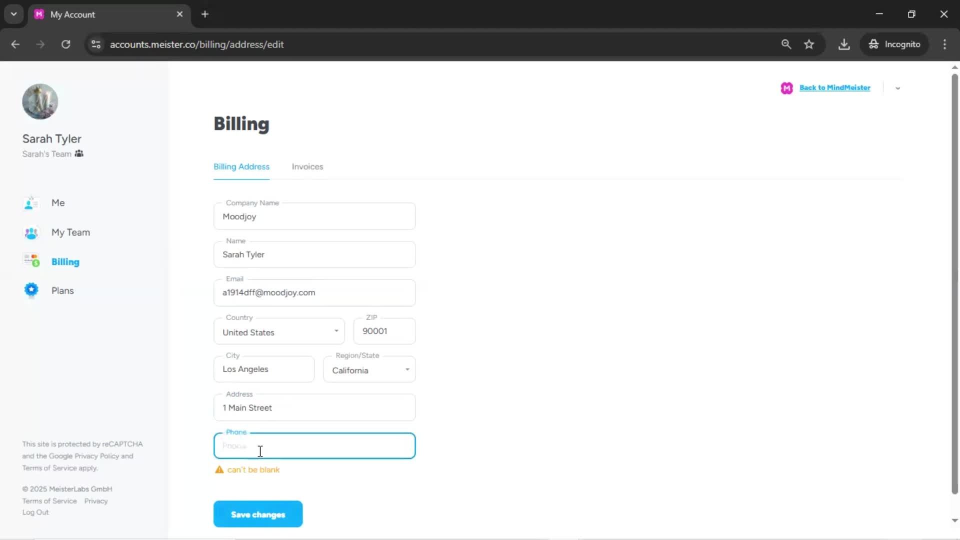 Adding billing address screenshot