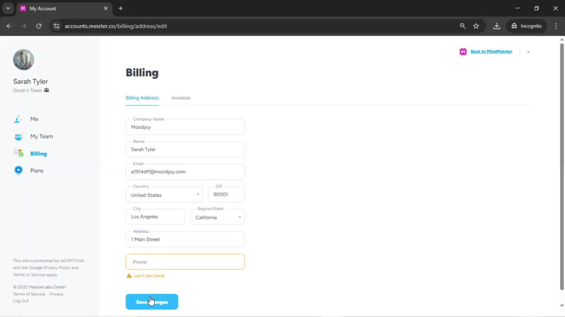 Adding billing address screenshot