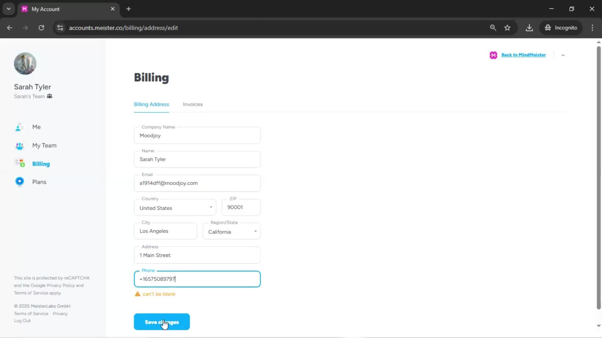 Adding billing address screenshot