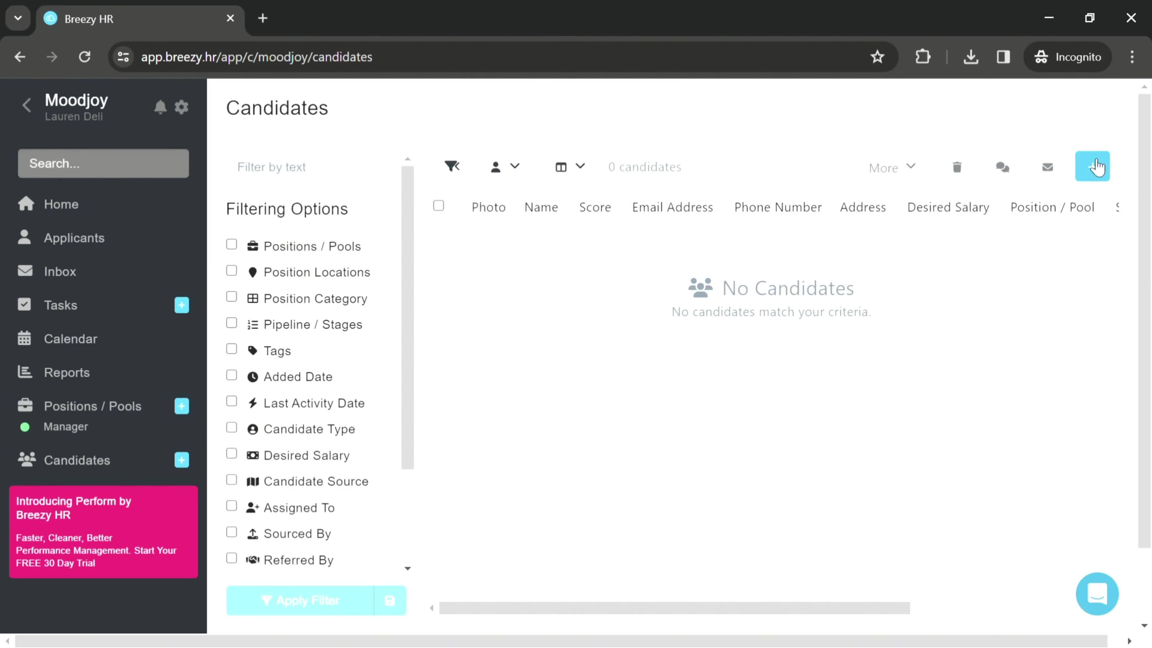 Adding a candidate screenshot