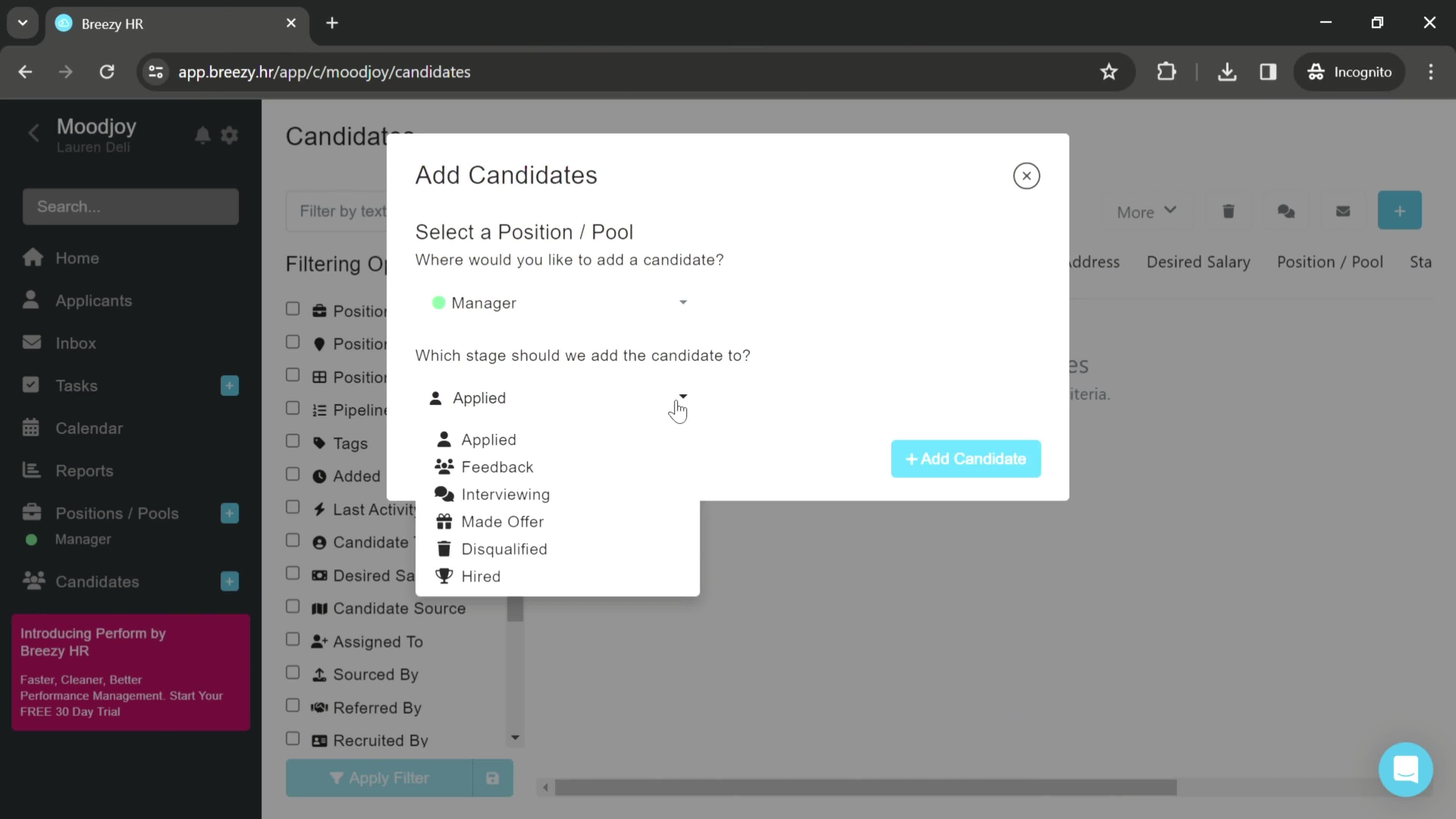 Adding a candidate screenshot