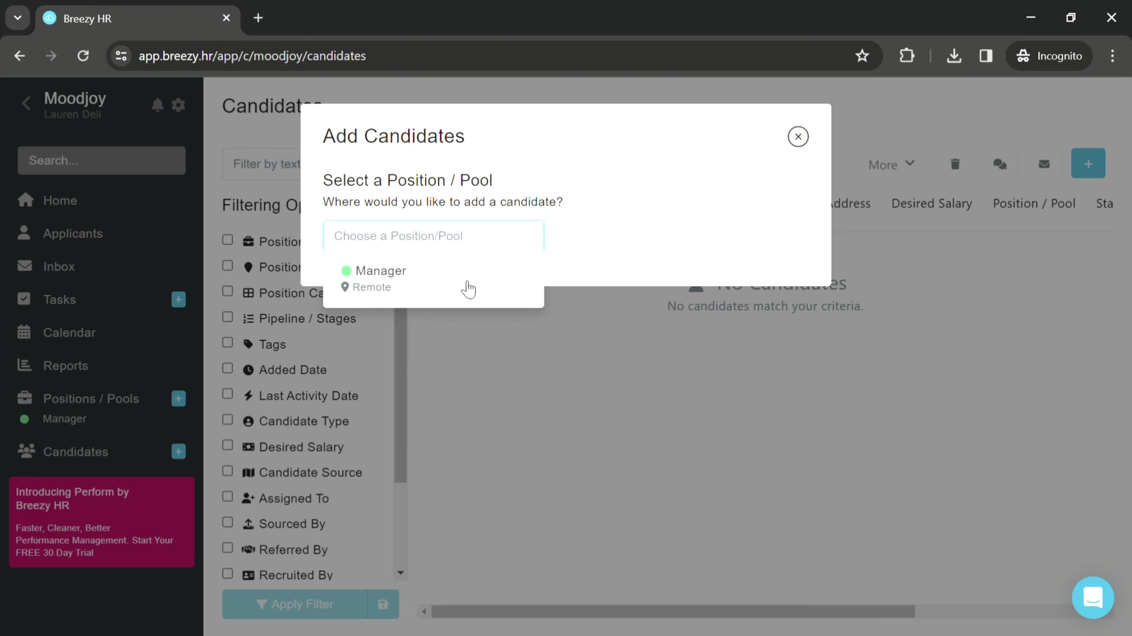 Adding a candidate screenshot