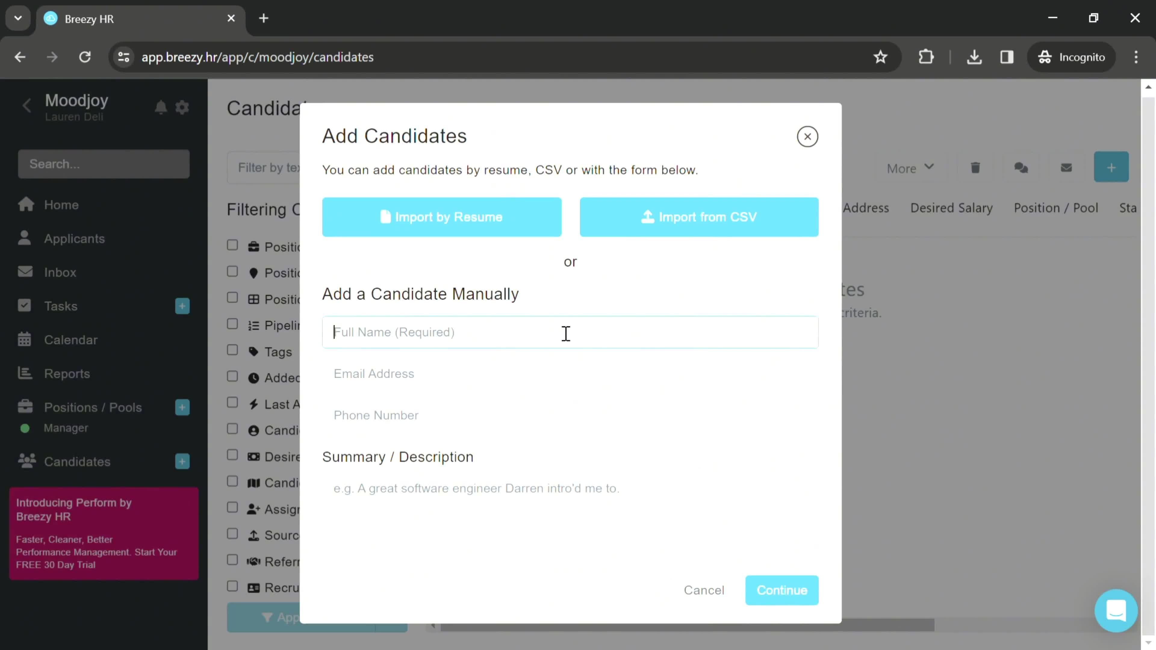 Adding a candidate screenshot