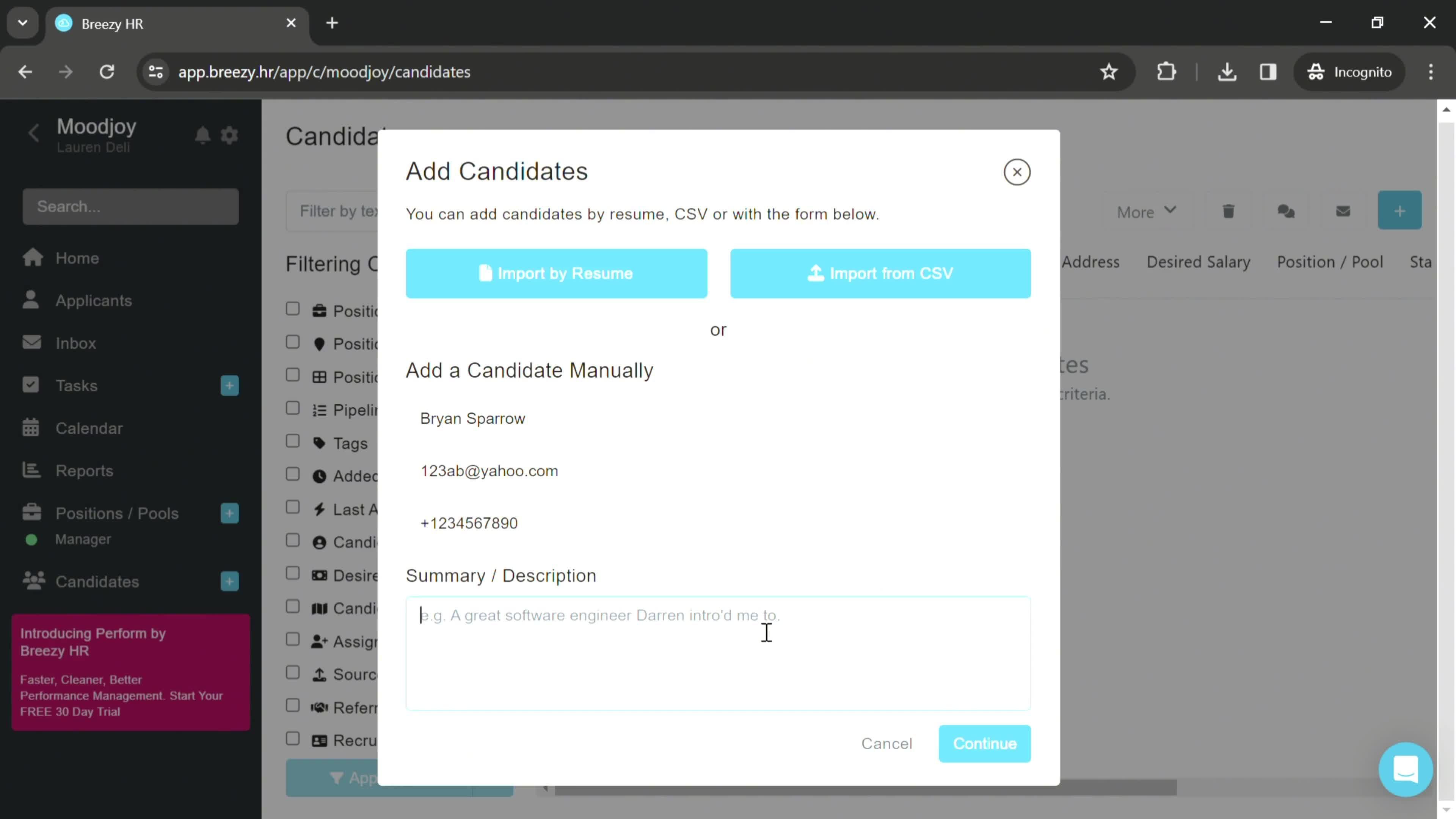 Adding a candidate screenshot