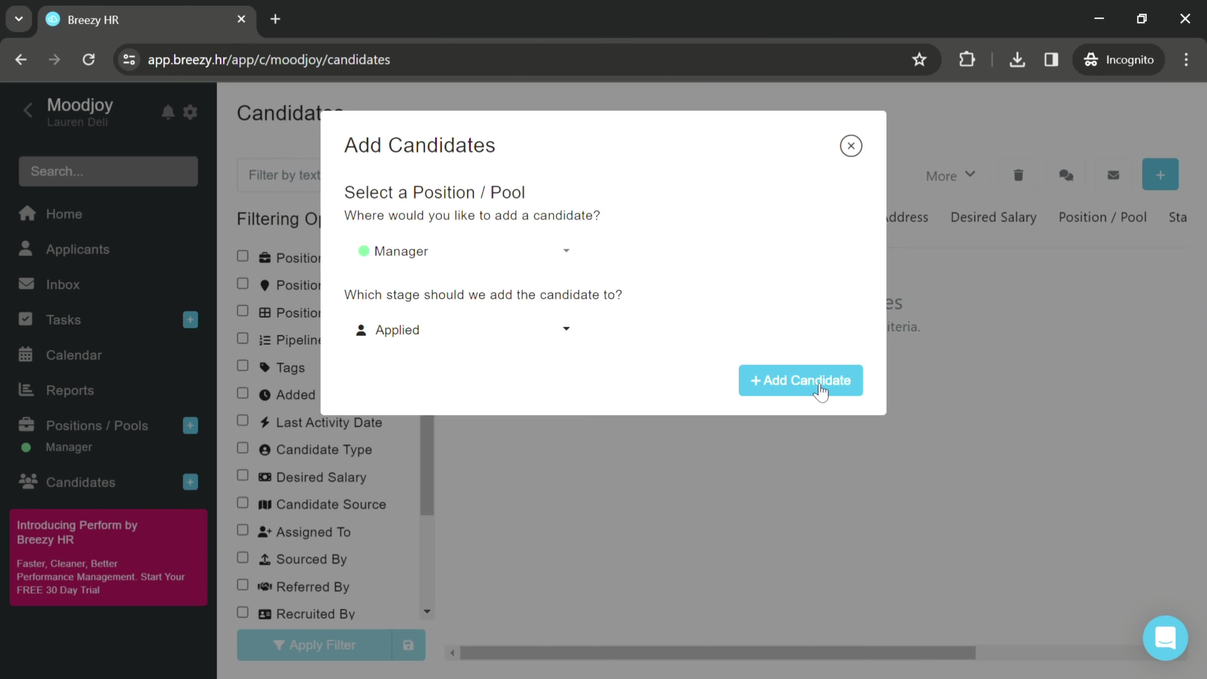 Adding a candidate screenshot