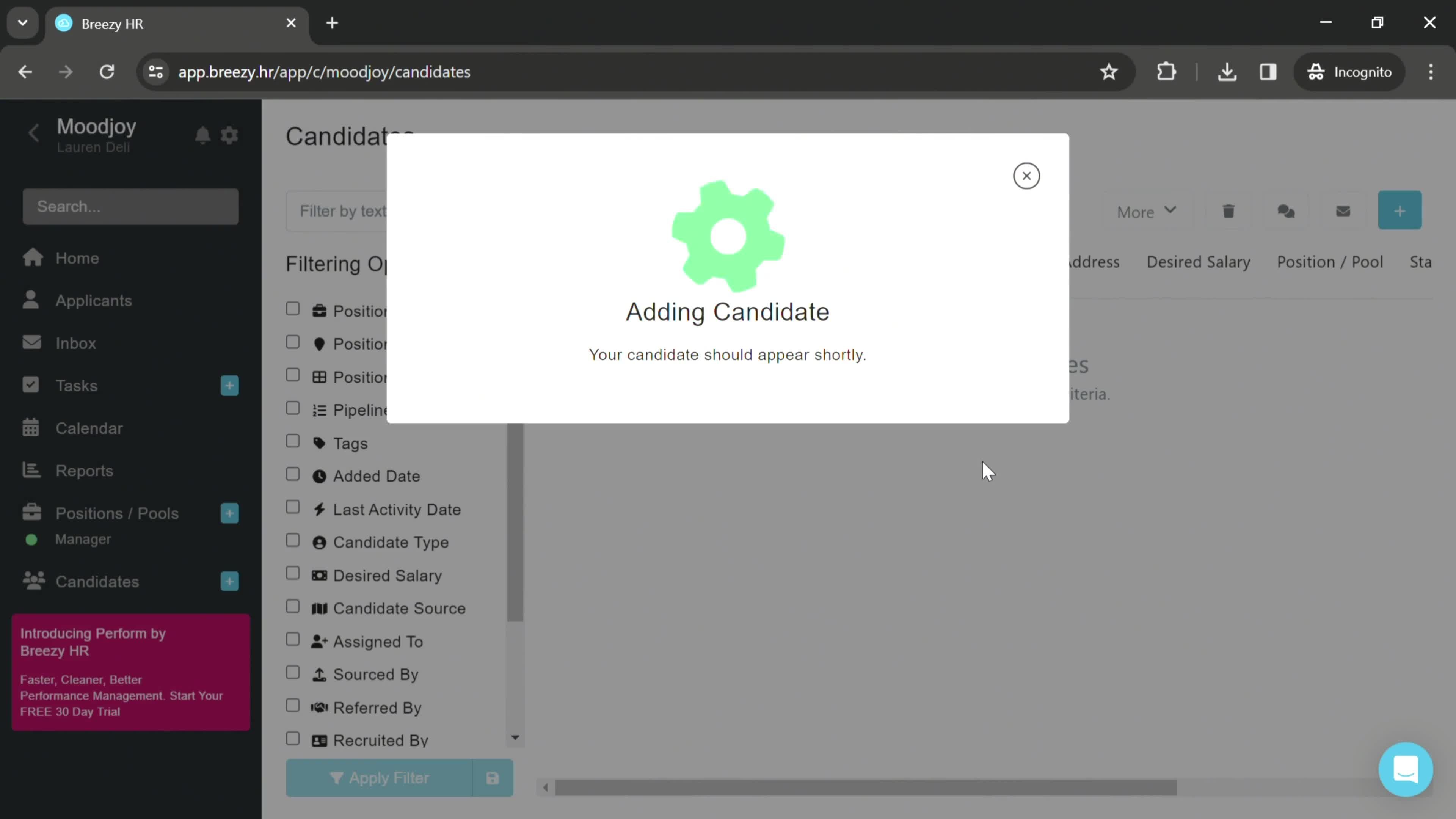 Adding a candidate screenshot