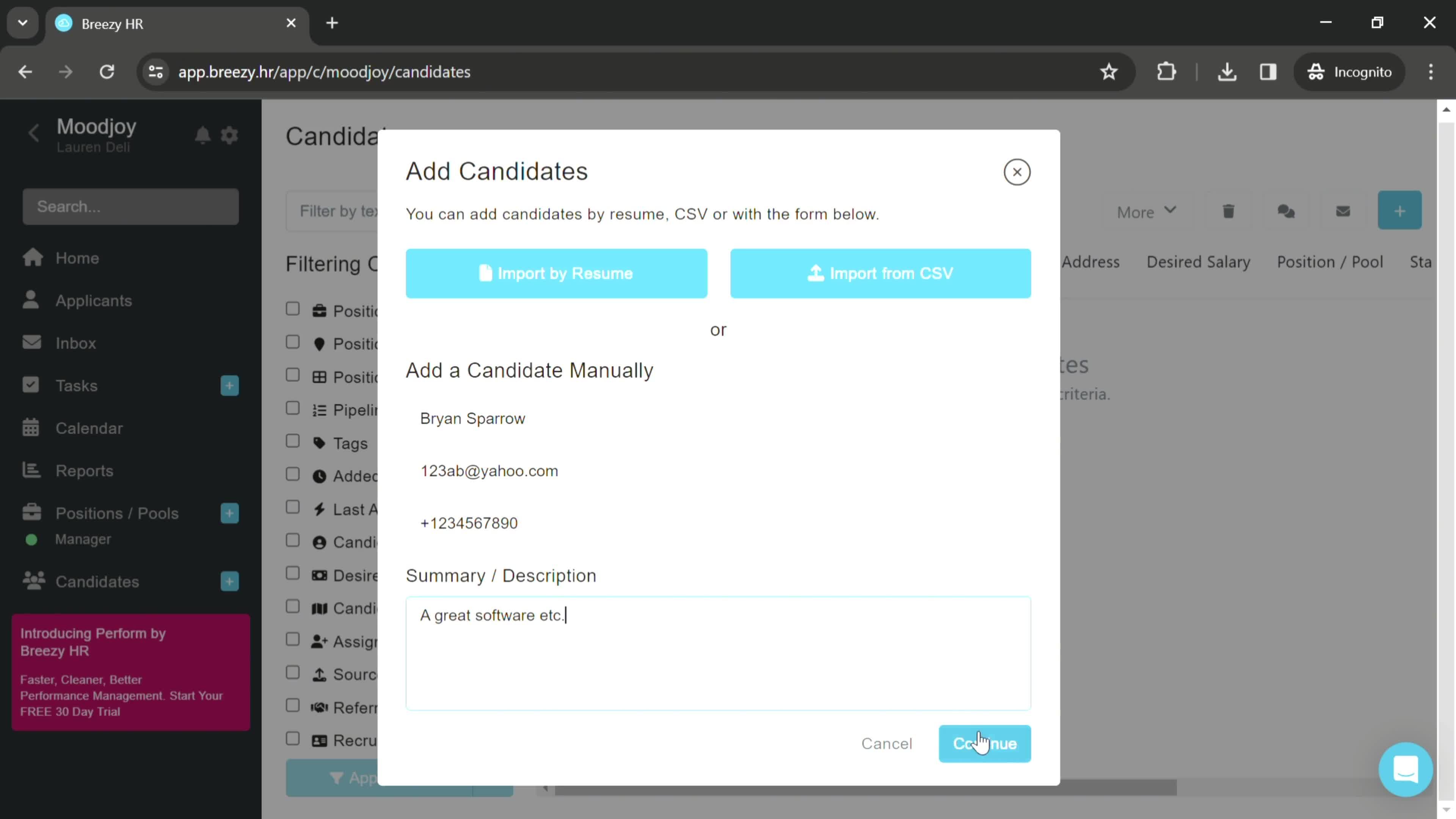 Adding a candidate screenshot