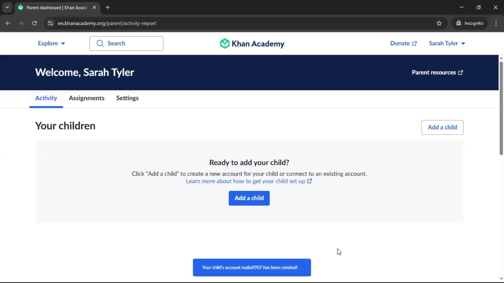 Adding a child screenshot