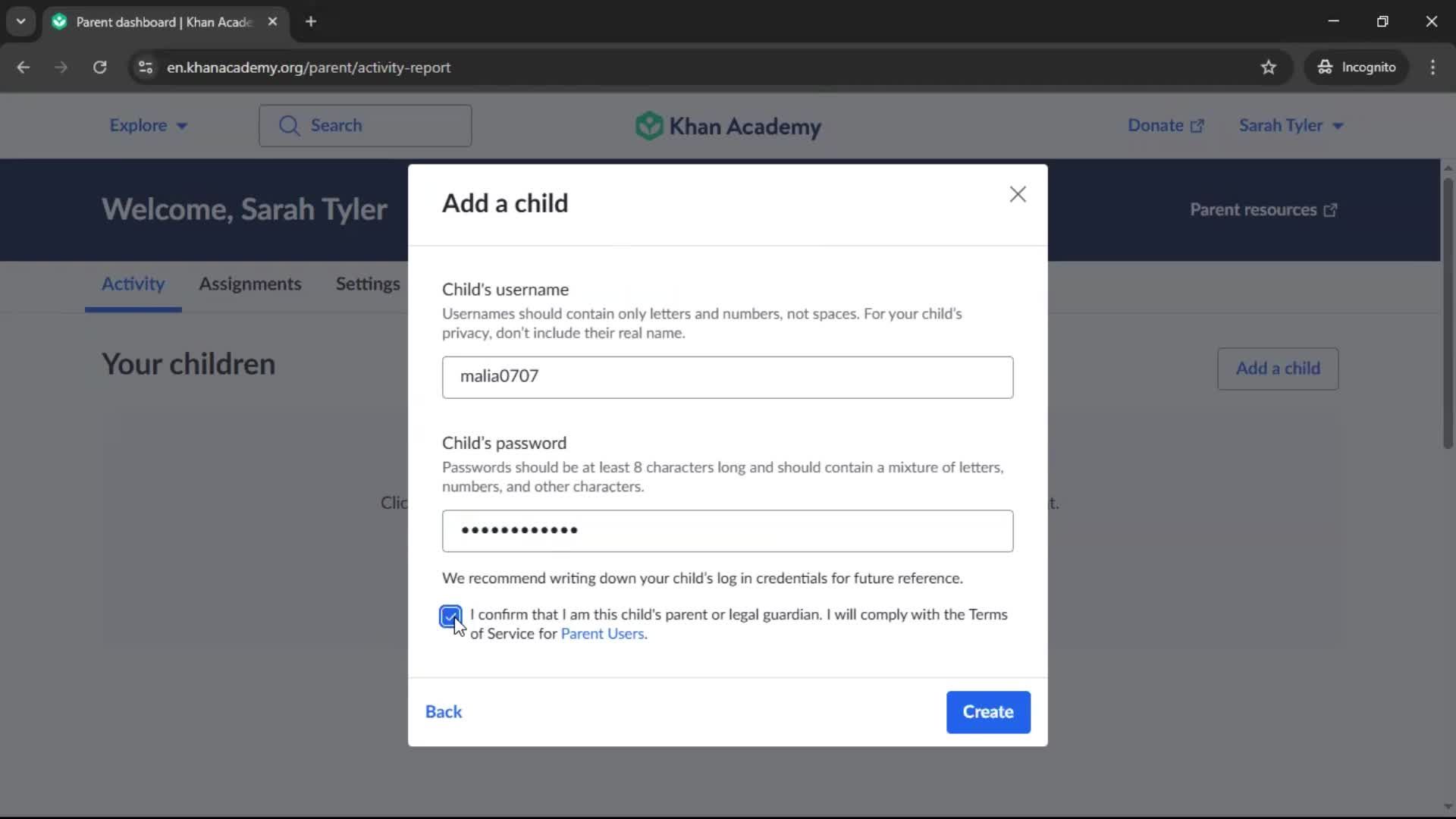 Adding a child screenshot