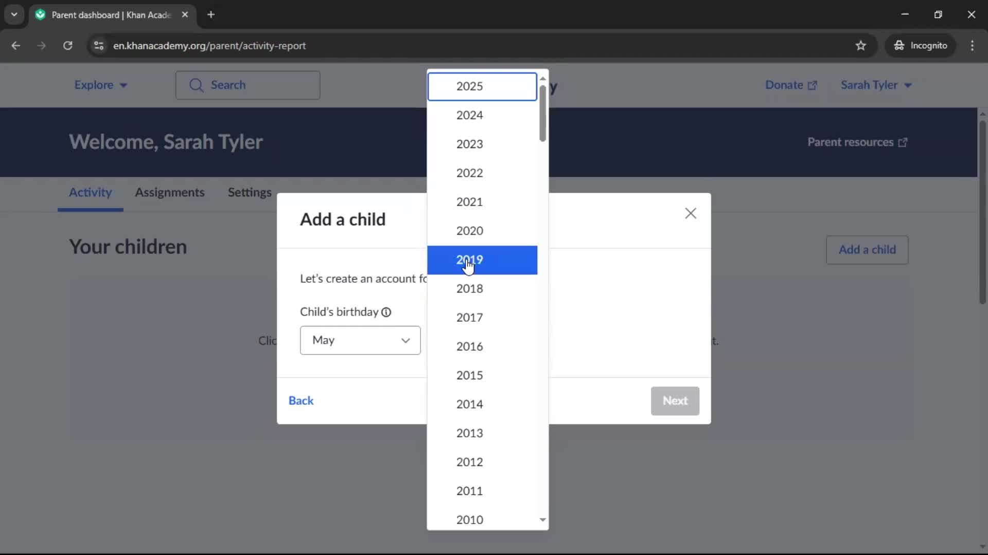 Adding a child screenshot