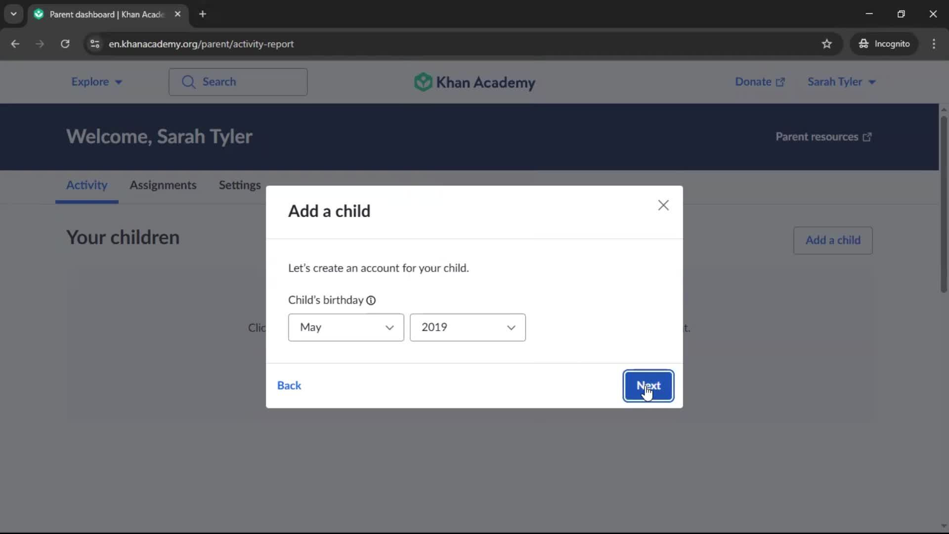 Adding a child screenshot