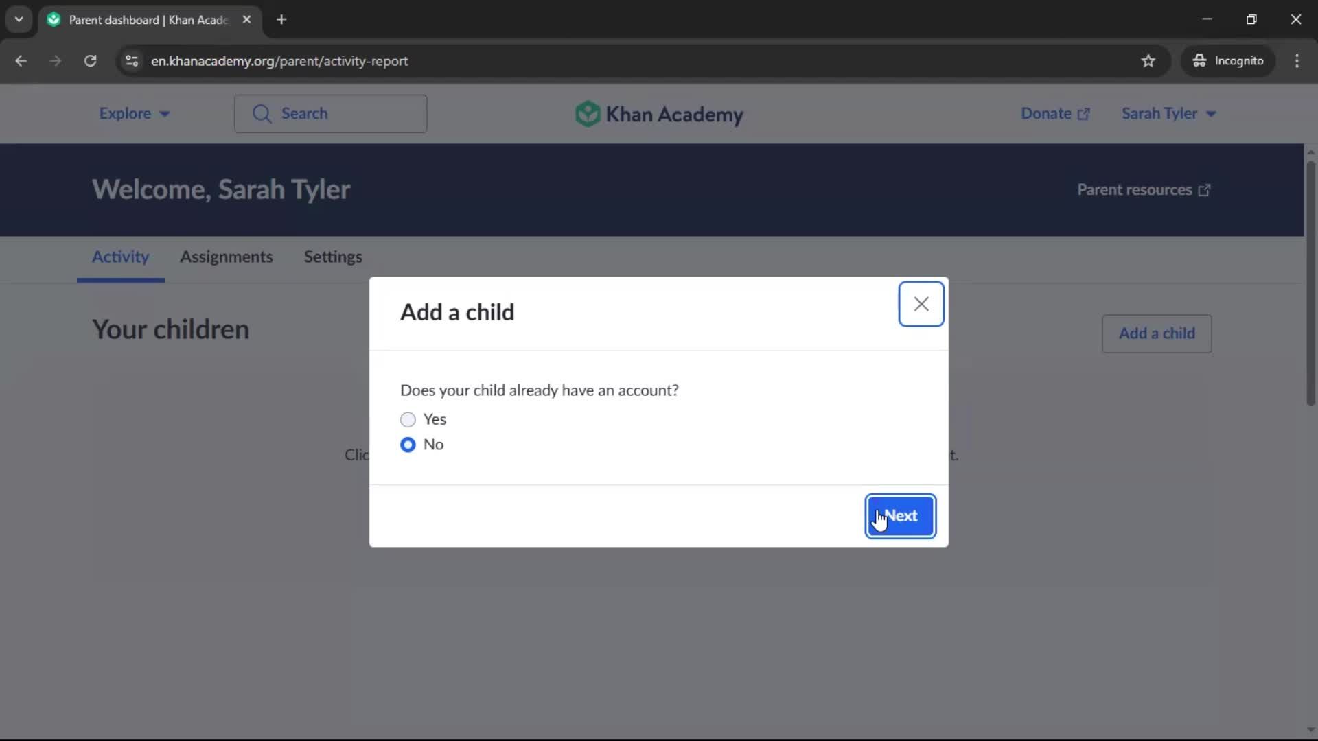 Adding a child screenshot