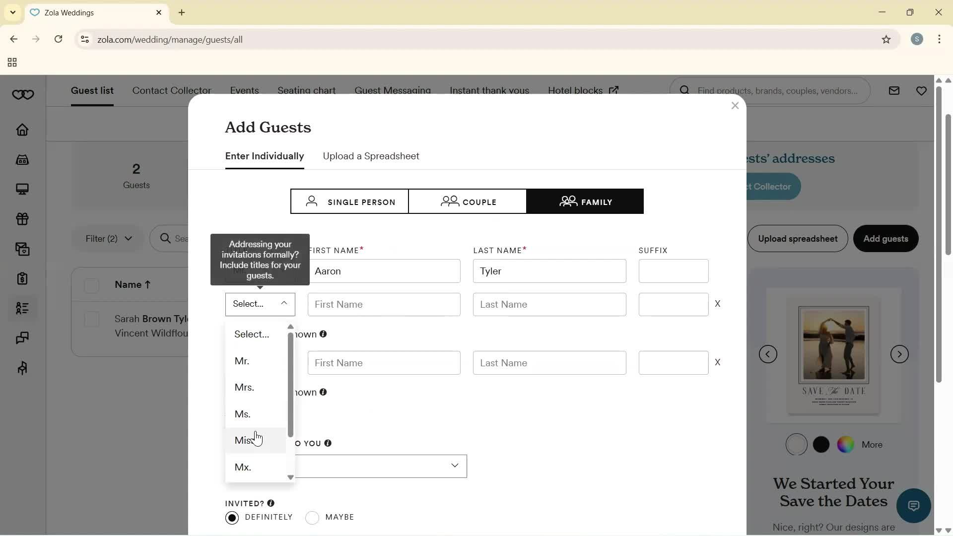 Adding guests screenshot