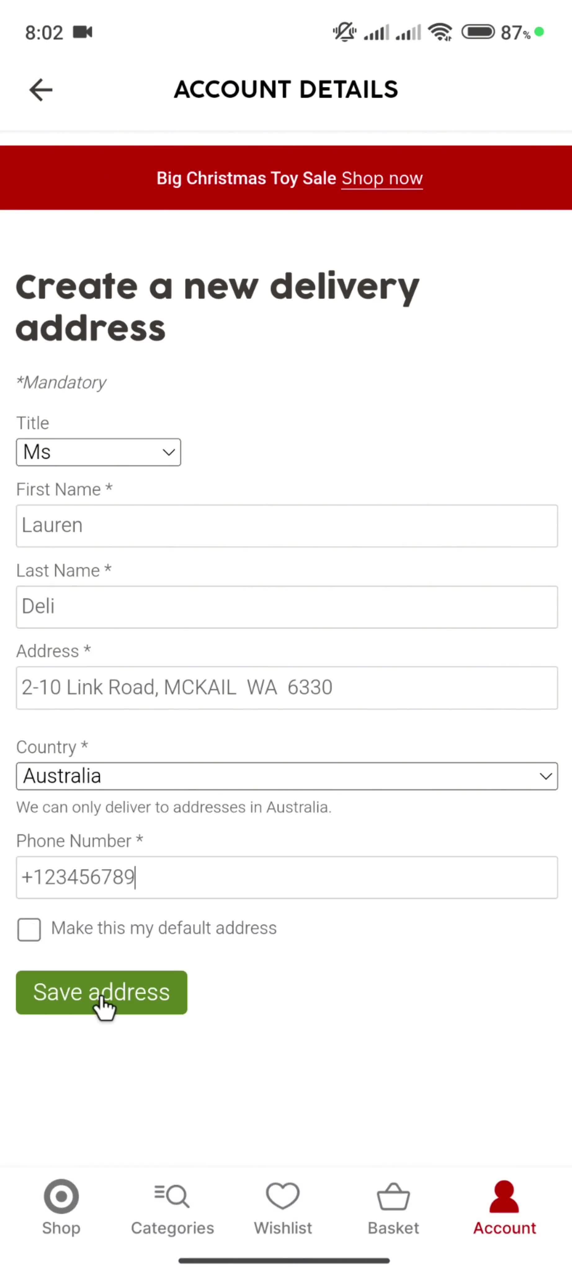 Adding an address screenshot