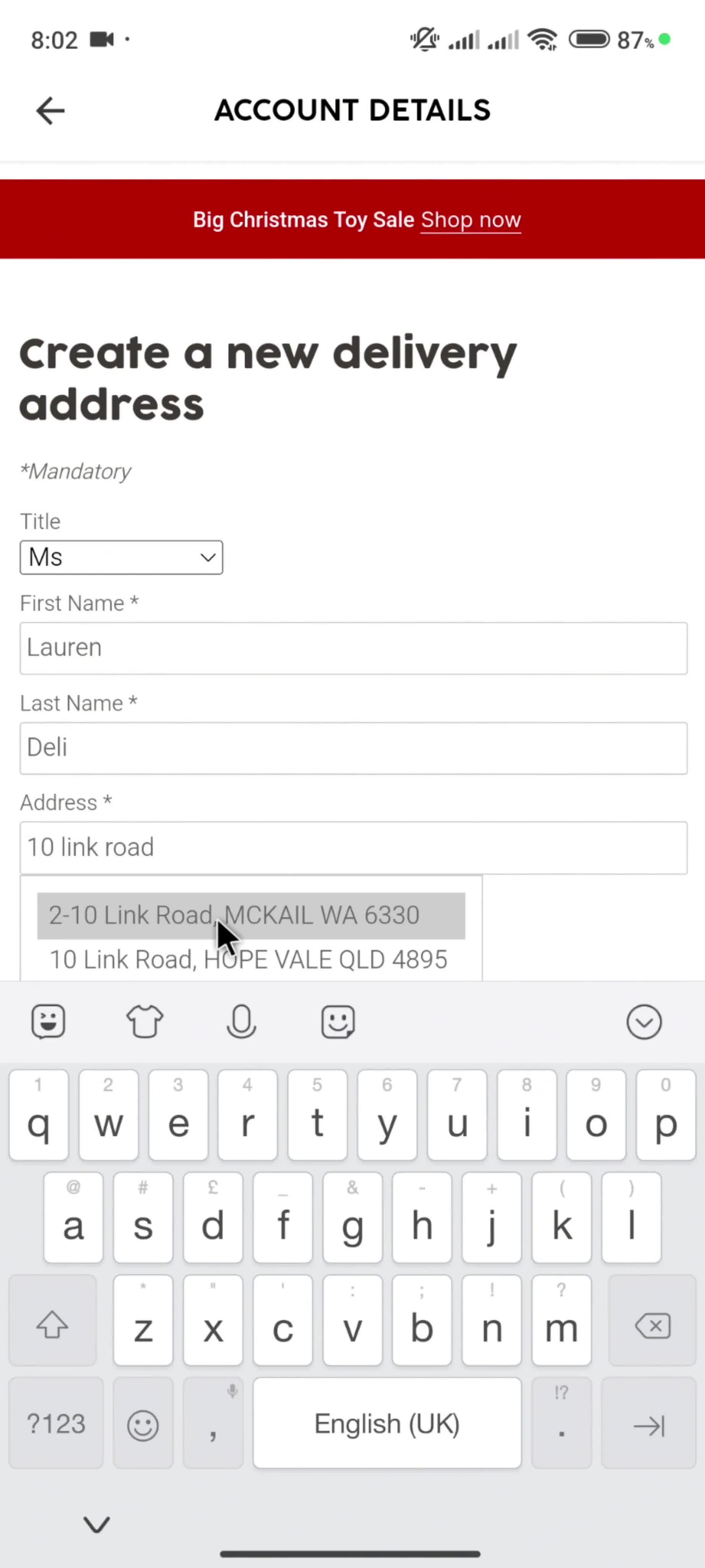 Adding an address screenshot