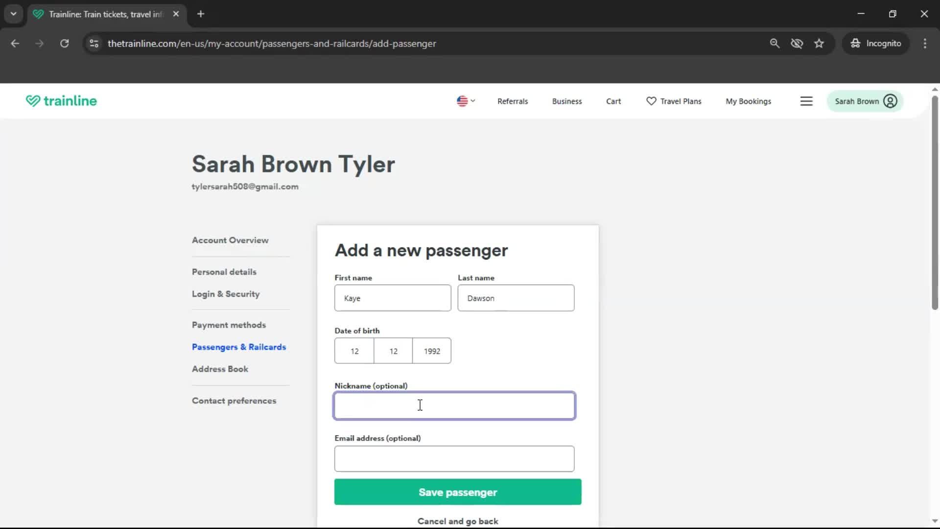 Adding a passenger screenshot