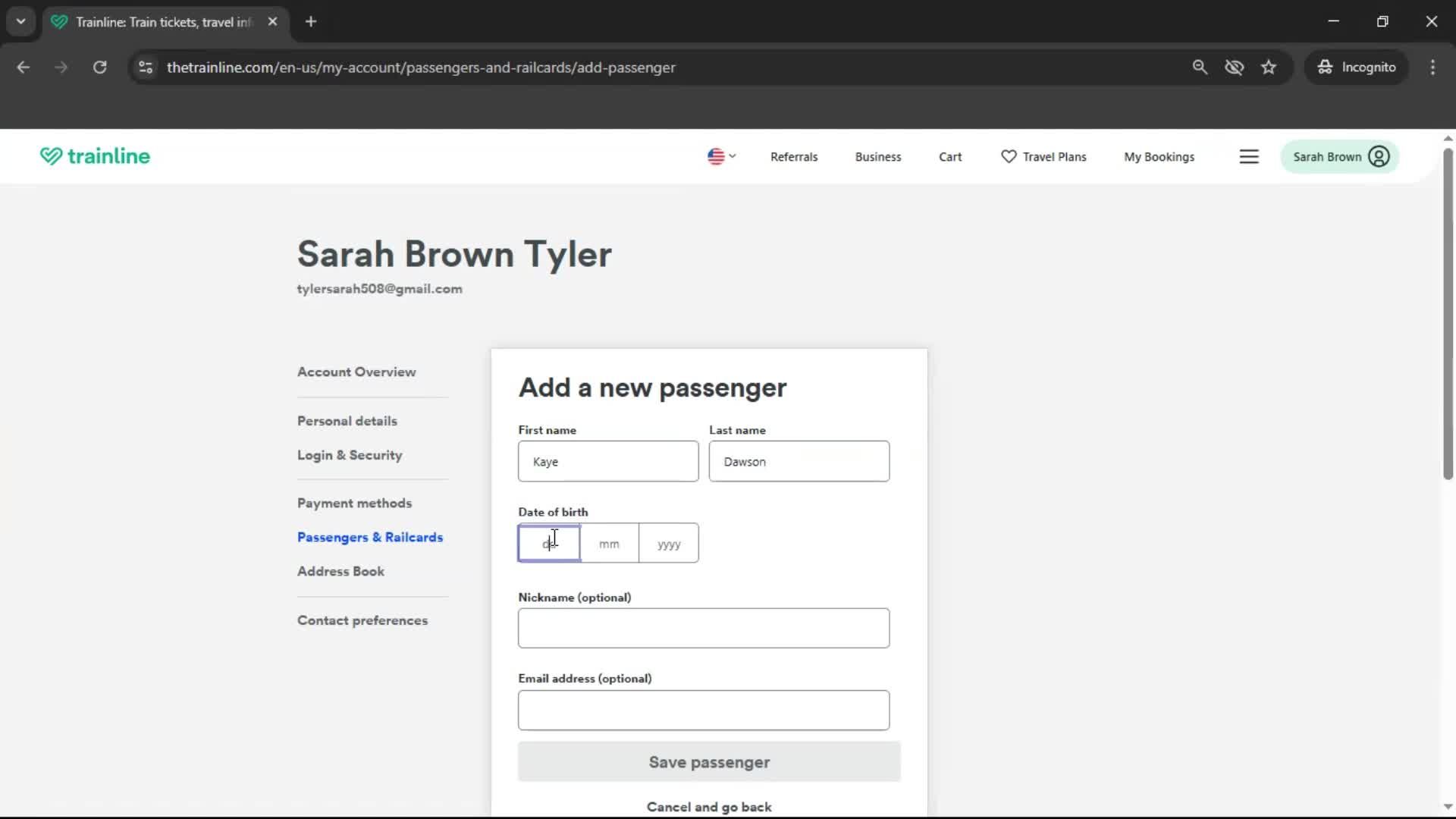 Adding a passenger screenshot