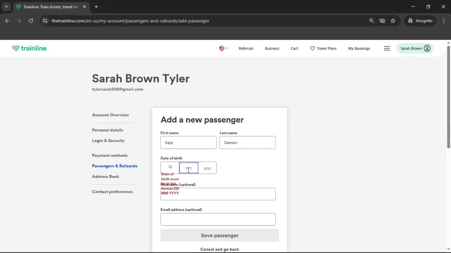 Adding a passenger screenshot