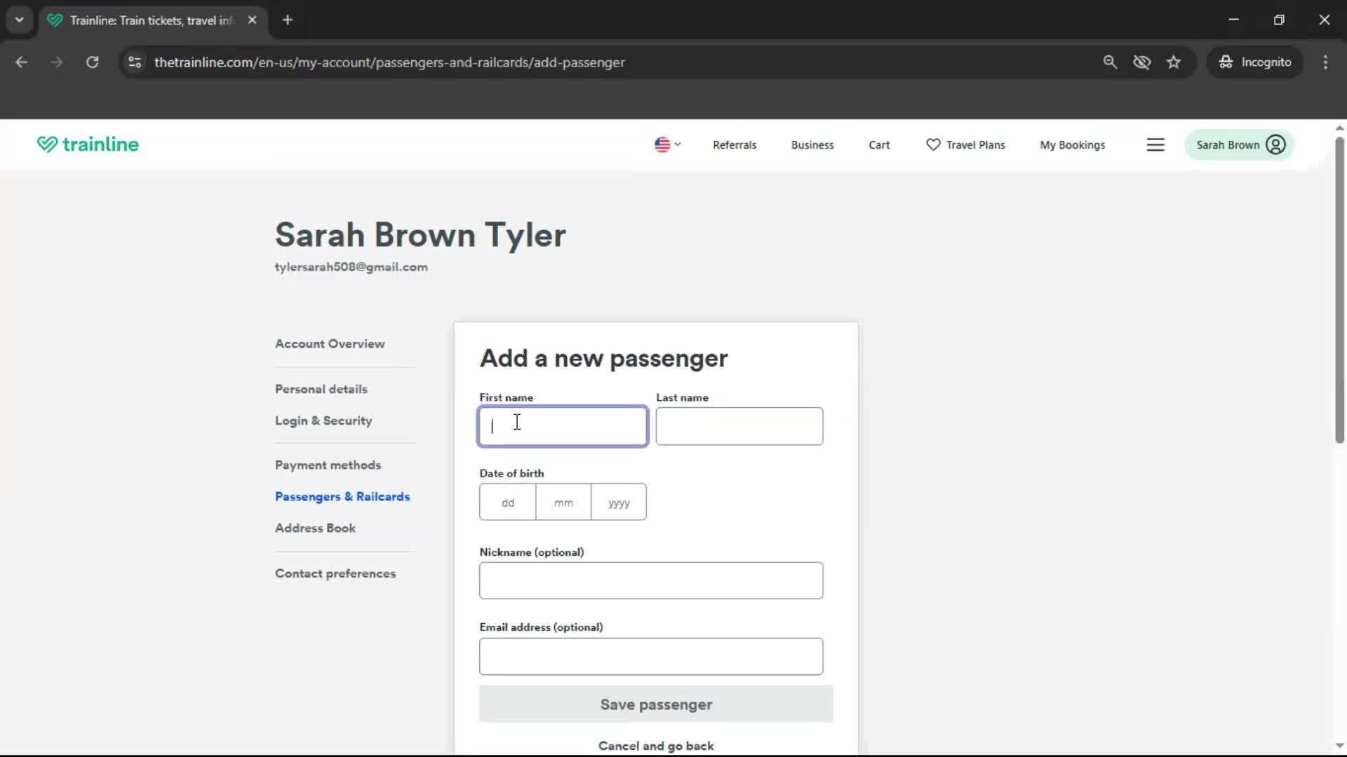 Adding a passenger screenshot
