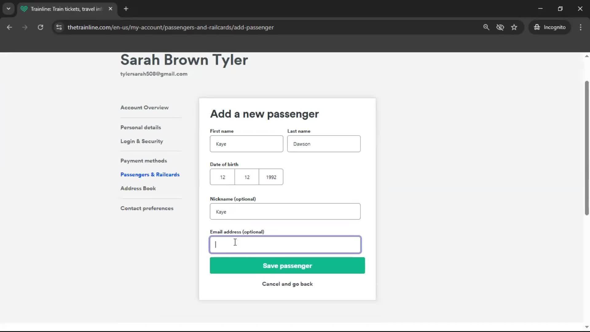 Adding a passenger screenshot